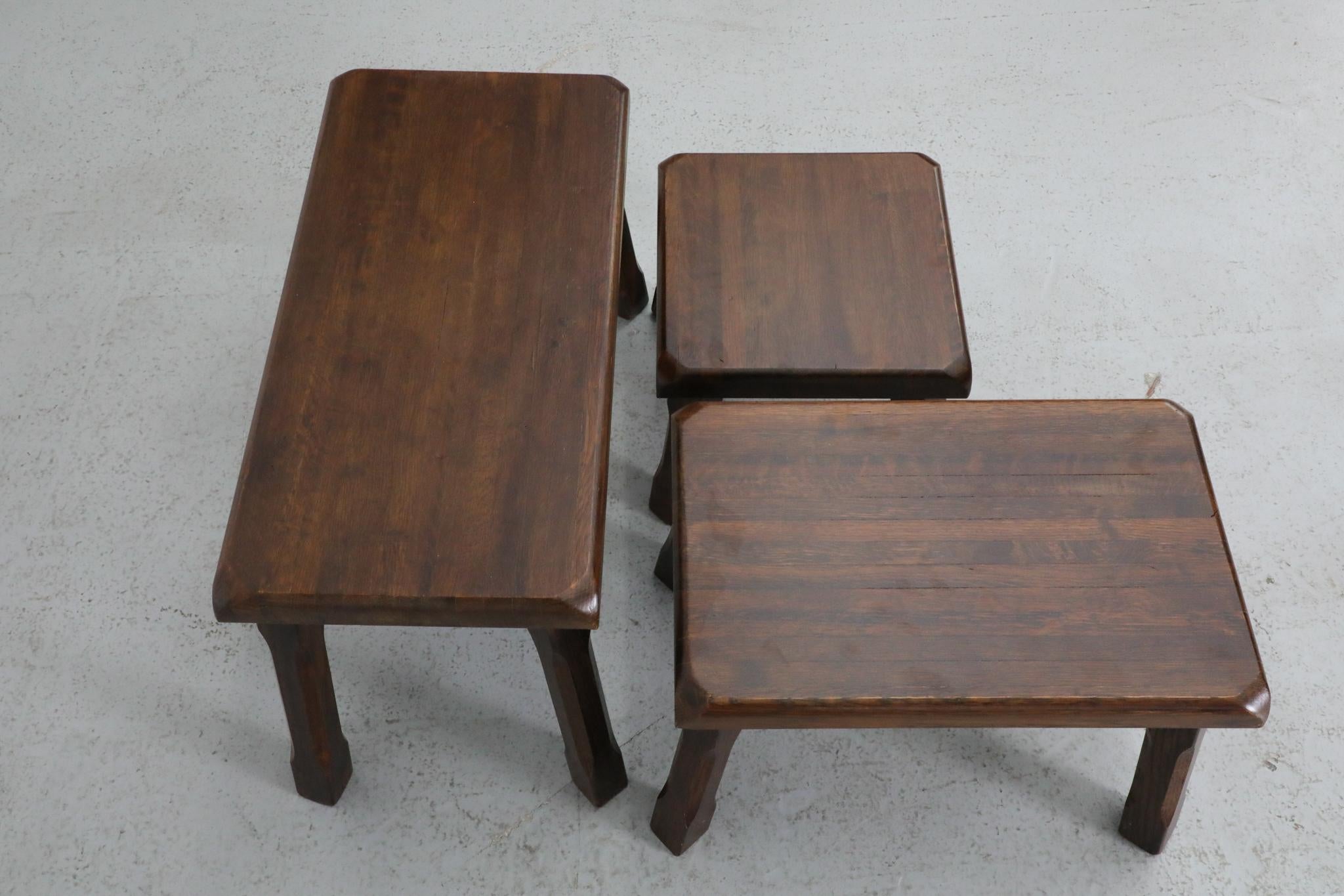 Set of Three Pierre Chapo Inspired Brutalist Nesting Tables in Dark Oak For Sale 12