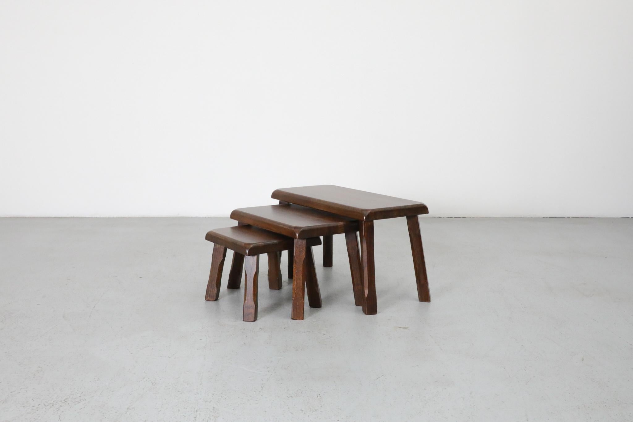 Dutch Set of Three Pierre Chapo Inspired Brutalist Nesting Tables in Dark Oak For Sale