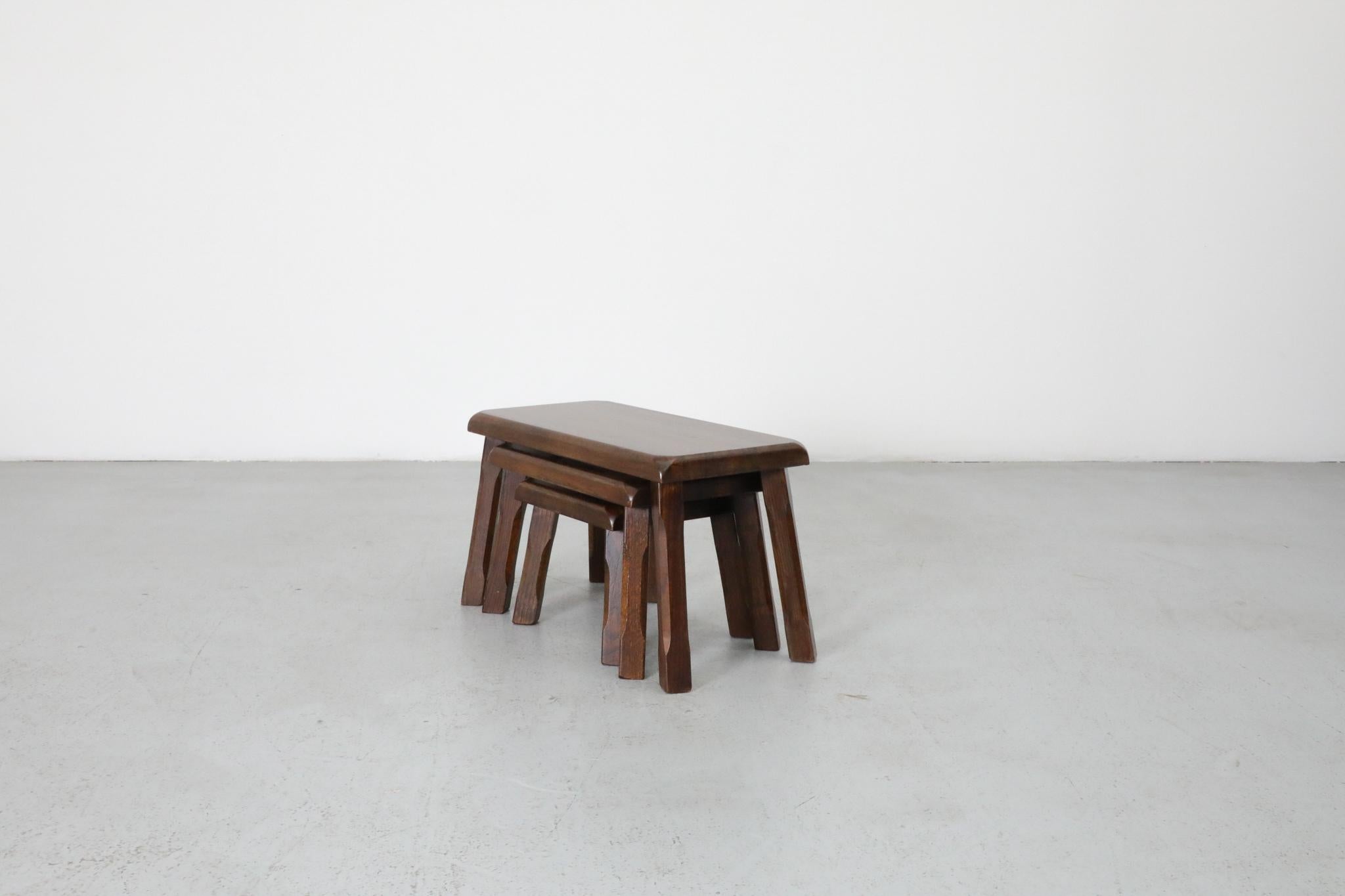 Set of Three Pierre Chapo Inspired Brutalist Nesting Tables in Dark Oak In Good Condition For Sale In Los Angeles, CA