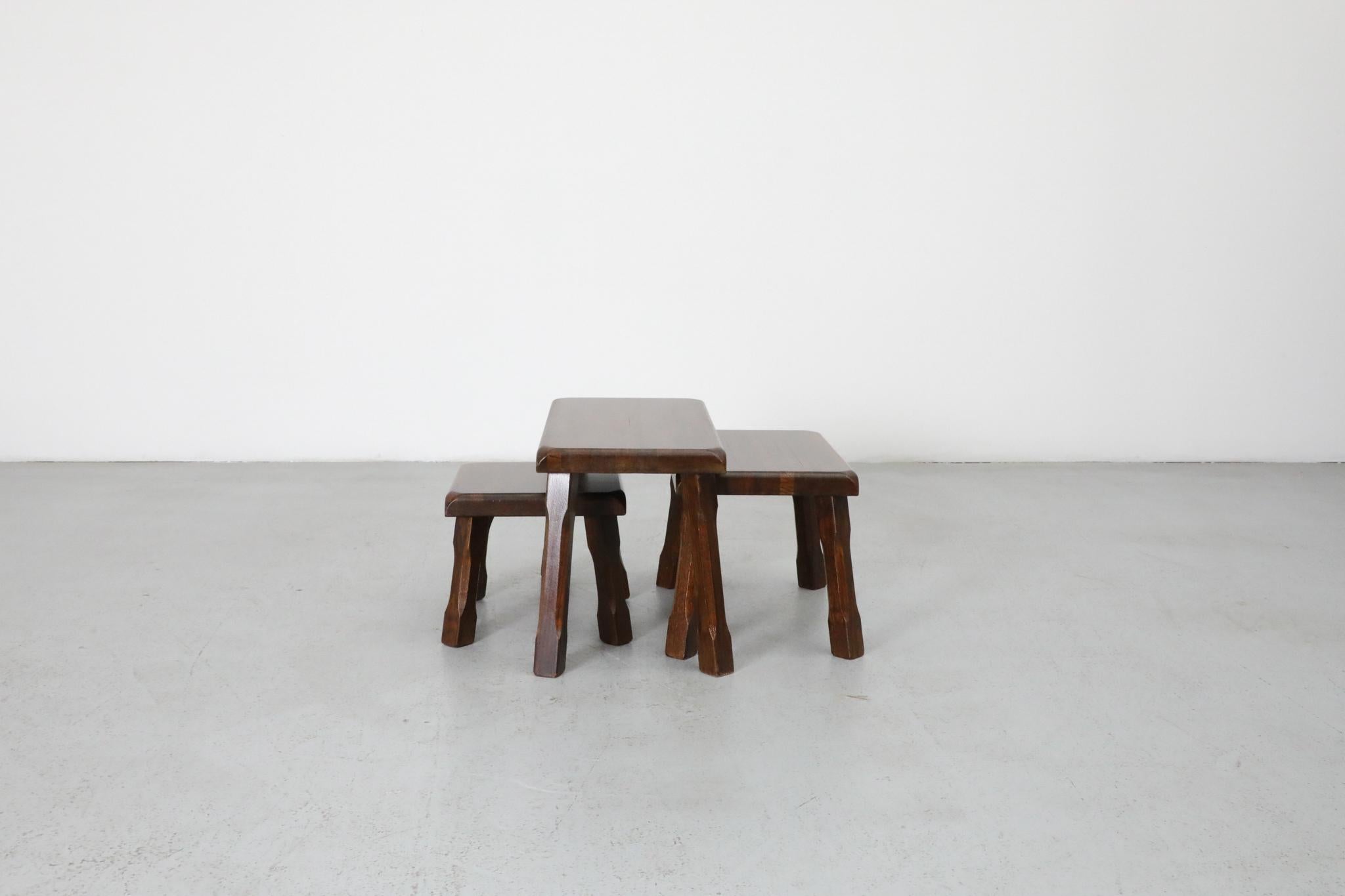 Set of Three Pierre Chapo Inspired Brutalist Nesting Tables in Dark Oak For Sale 1