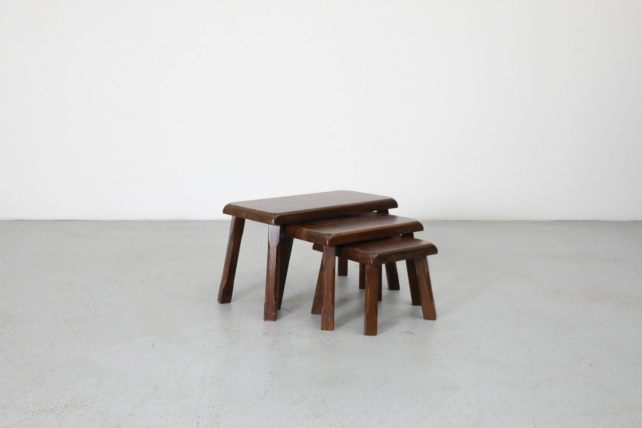 Set of Three Pierre Chapo Inspired Brutalist Nesting Tables in Dark Oak For Sale 2