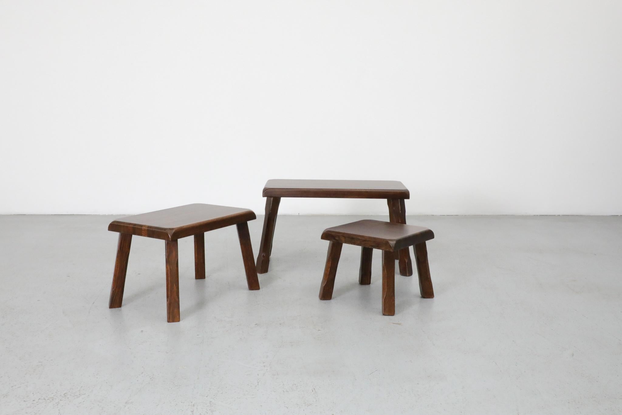 Set of Three Pierre Chapo Inspired Brutalist Nesting Tables in Dark Oak For Sale 3