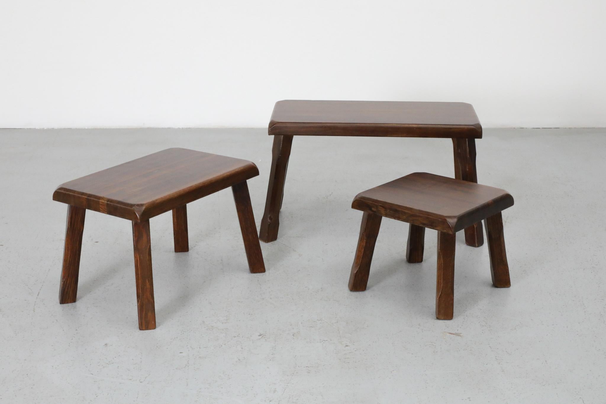 Set of Three Pierre Chapo Inspired Brutalist Nesting Tables in Dark Oak For Sale 4