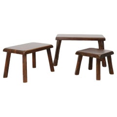 Vintage Set of Three Pierre Chapo Inspired Brutalist Nesting Tables in Dark Oak
