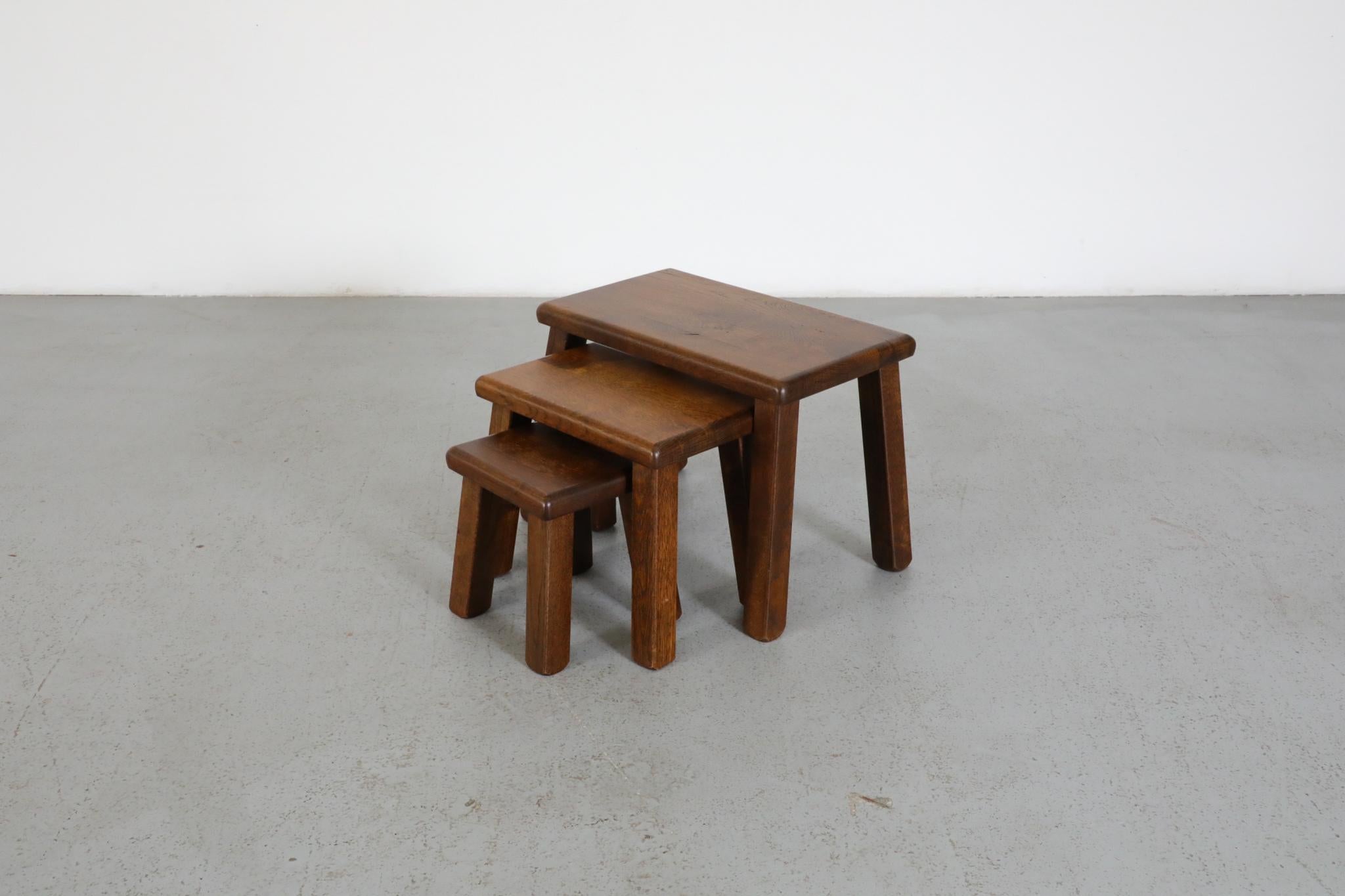 Set of Three Pierre Chapo Inspired Brutalist Nesting Tables Made of Solid Oak For Sale 5