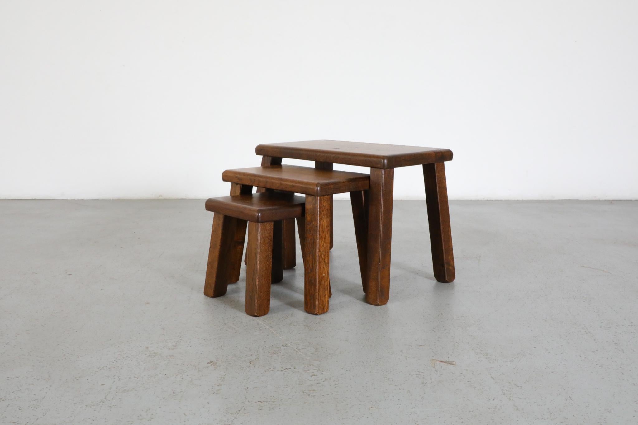 Set of Three Pierre Chapo Inspired Brutalist Nesting Tables Made of Solid Oak For Sale 6