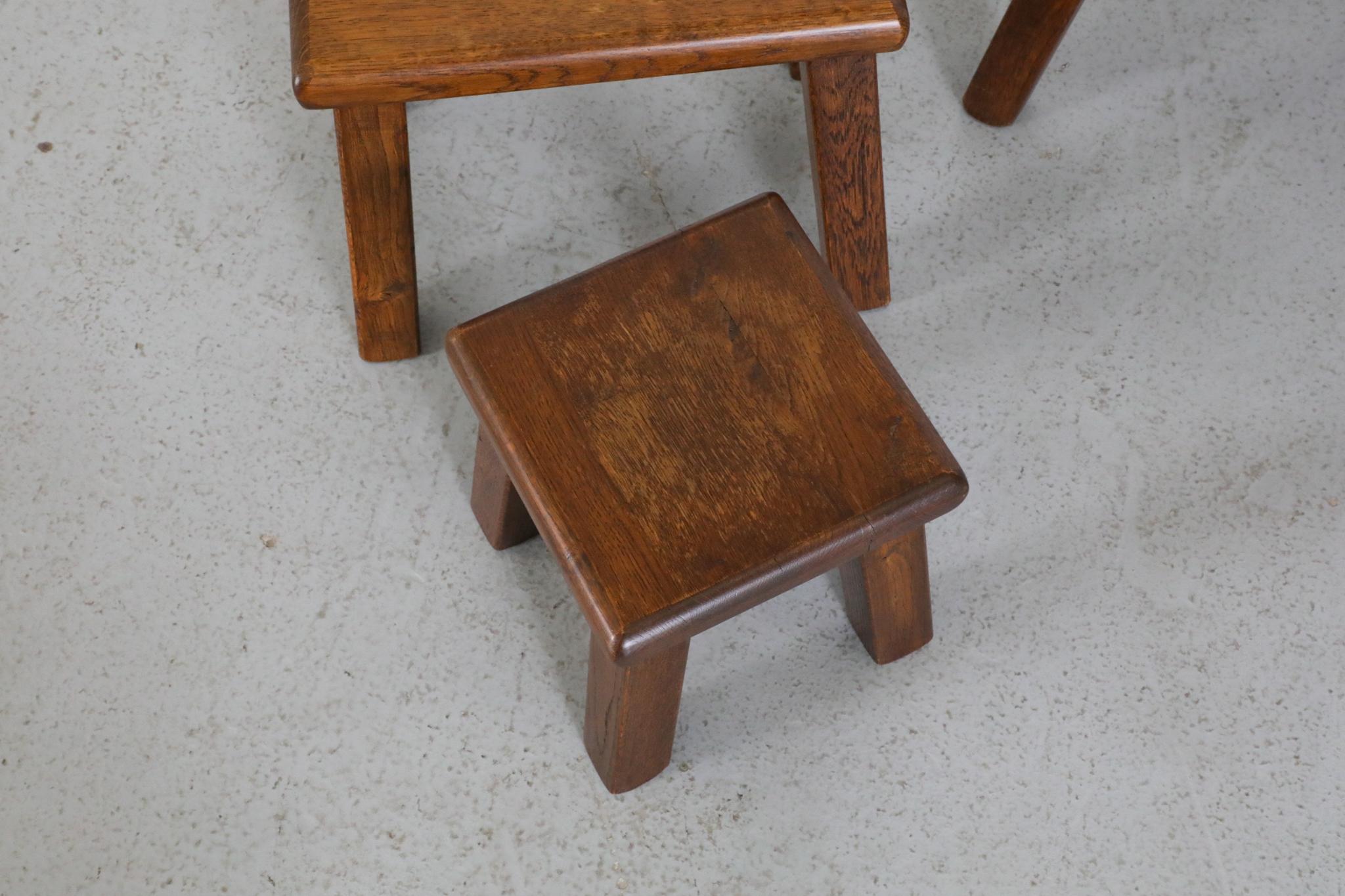 Set of Three Pierre Chapo Inspired Brutalist Nesting Tables Made of Solid Oak For Sale 9