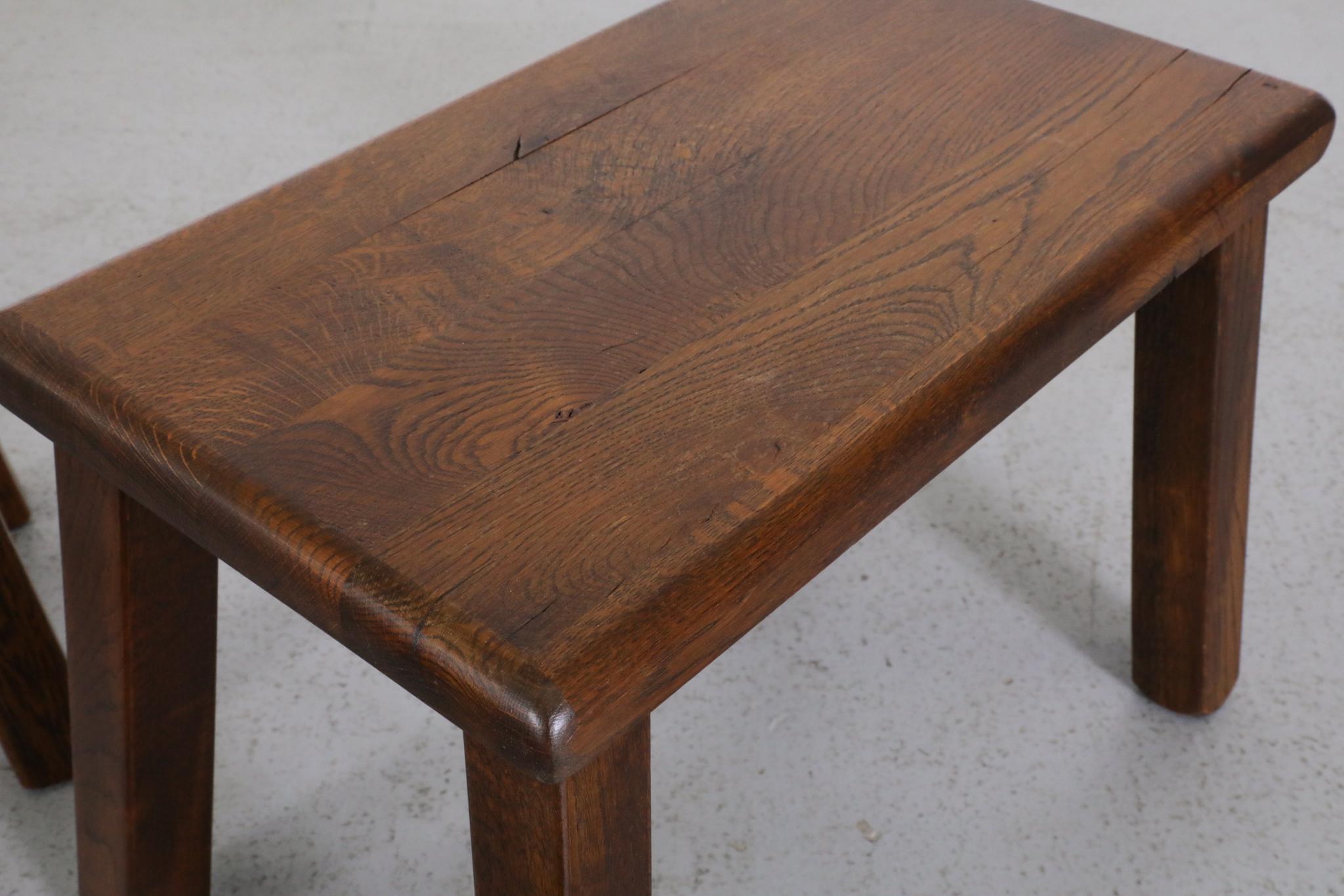 Set of Three Pierre Chapo Inspired Brutalist Nesting Tables Made of Solid Oak For Sale 12