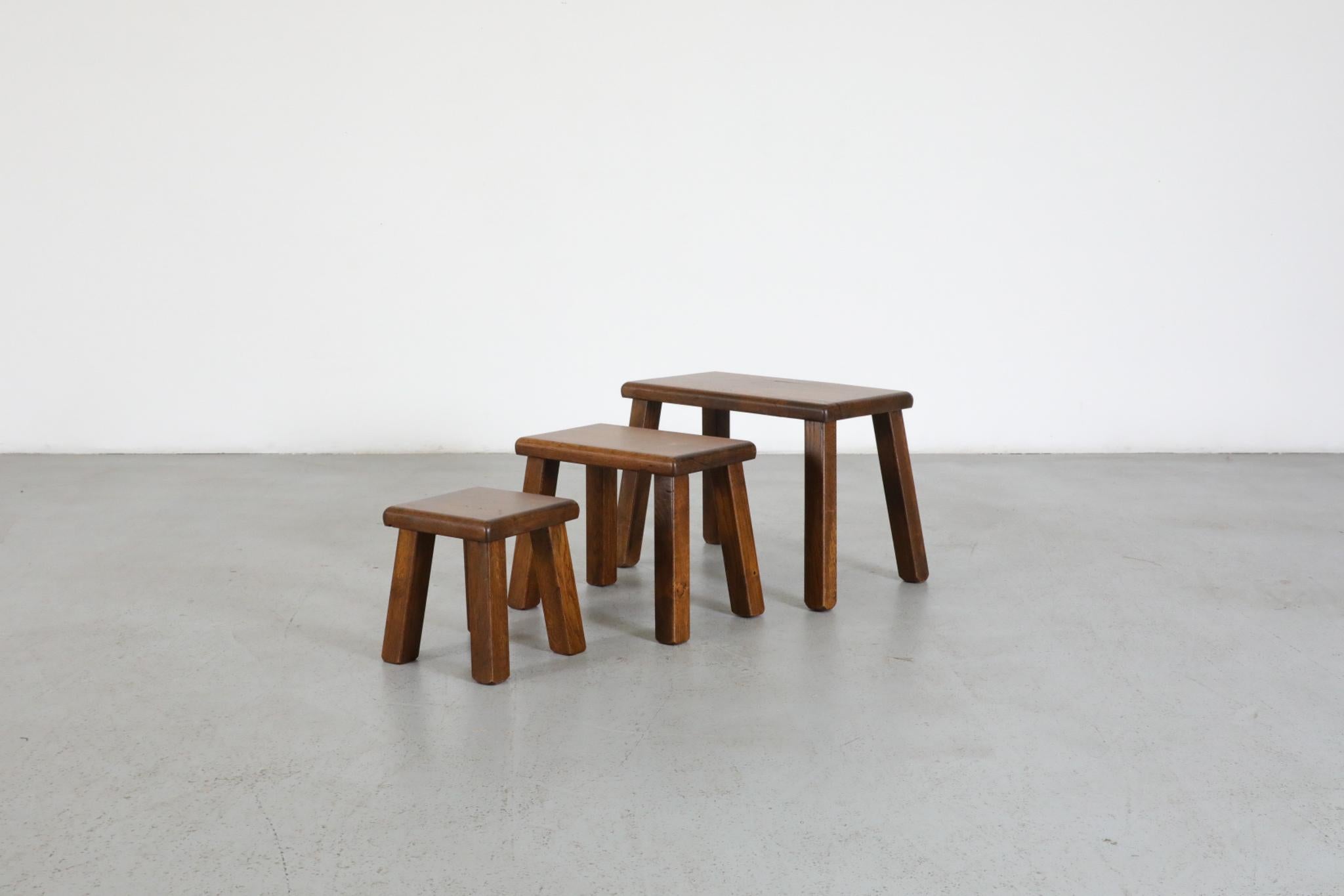 Dutch Set of Three Pierre Chapo Inspired Brutalist Nesting Tables Made of Solid Oak For Sale