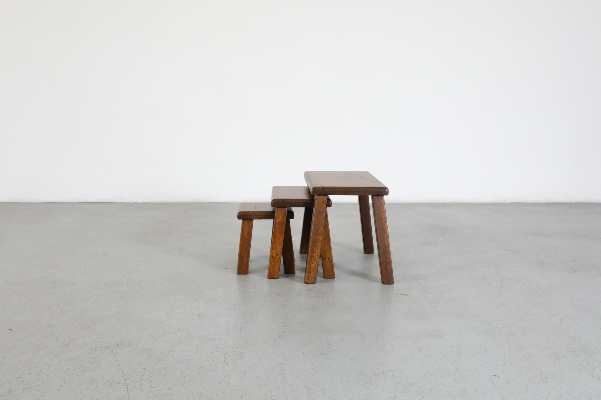 Set of Three Pierre Chapo Inspired Brutalist Nesting Tables Made of Solid Oak In Good Condition For Sale In Los Angeles, CA