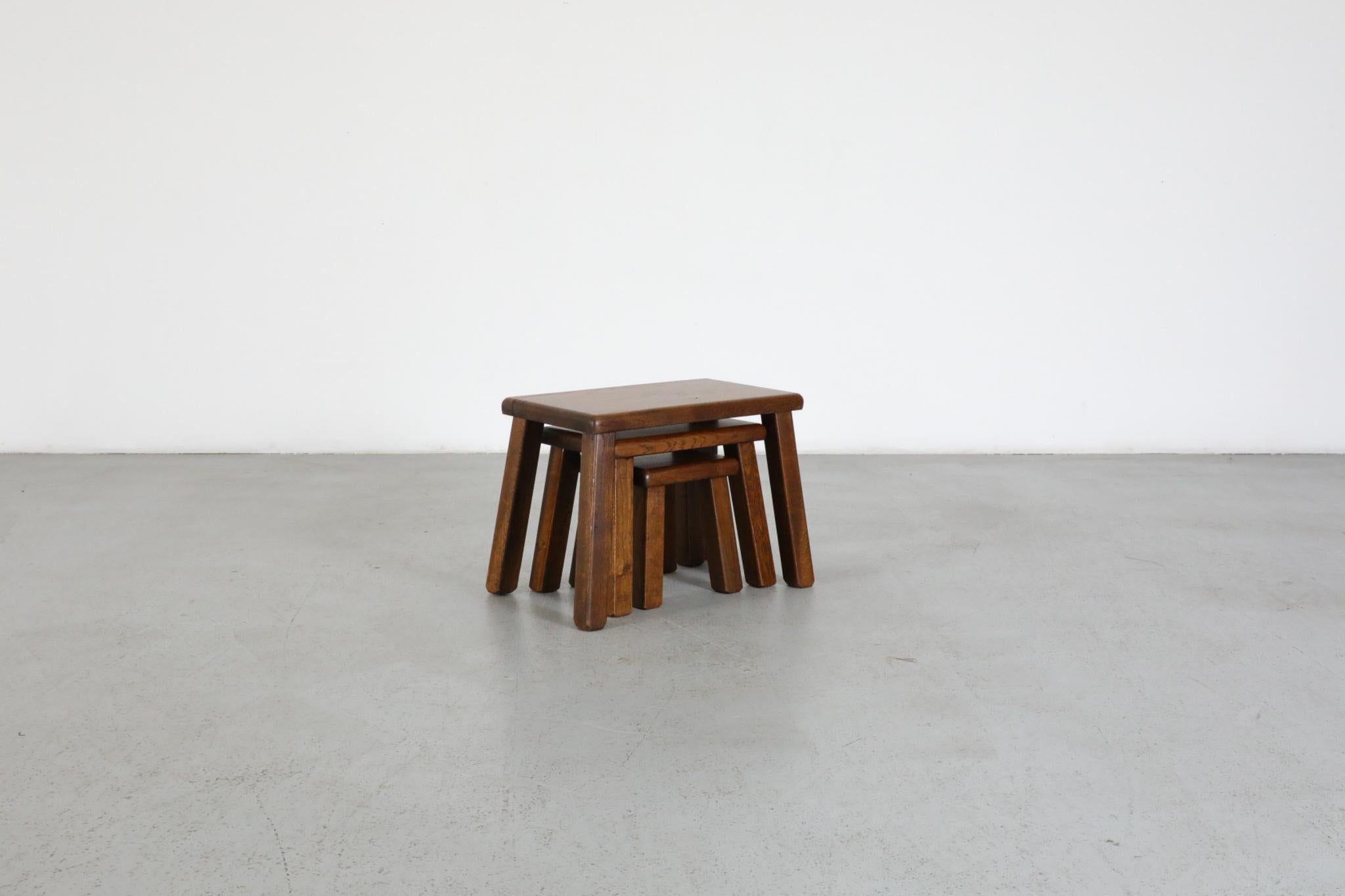 Set of Three Pierre Chapo Inspired Brutalist Nesting Tables Made of Solid Oak For Sale 1