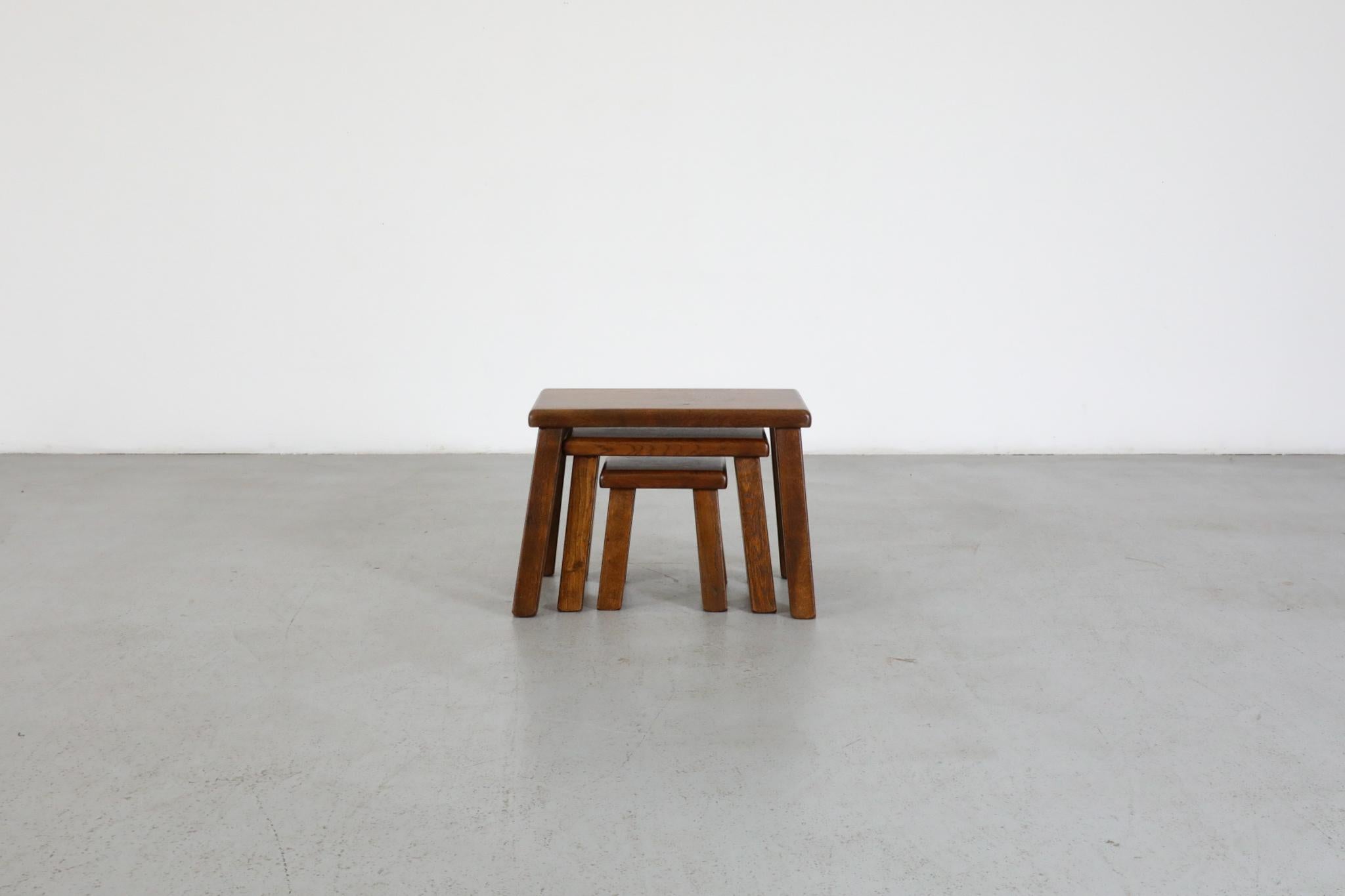Set of Three Pierre Chapo Inspired Brutalist Nesting Tables Made of Solid Oak For Sale 2