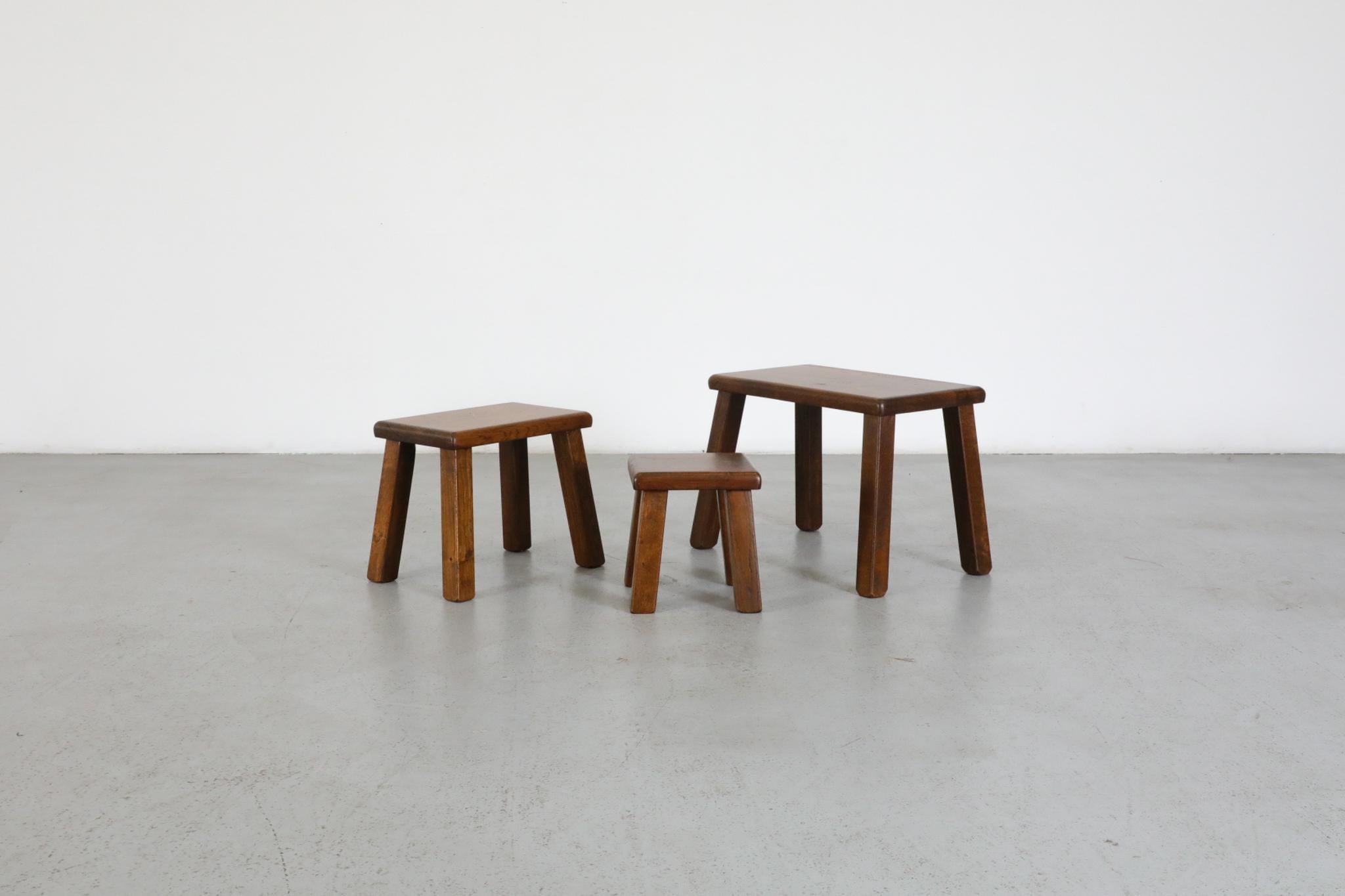 Set of Three Pierre Chapo Inspired Brutalist Nesting Tables Made of Solid Oak For Sale 3