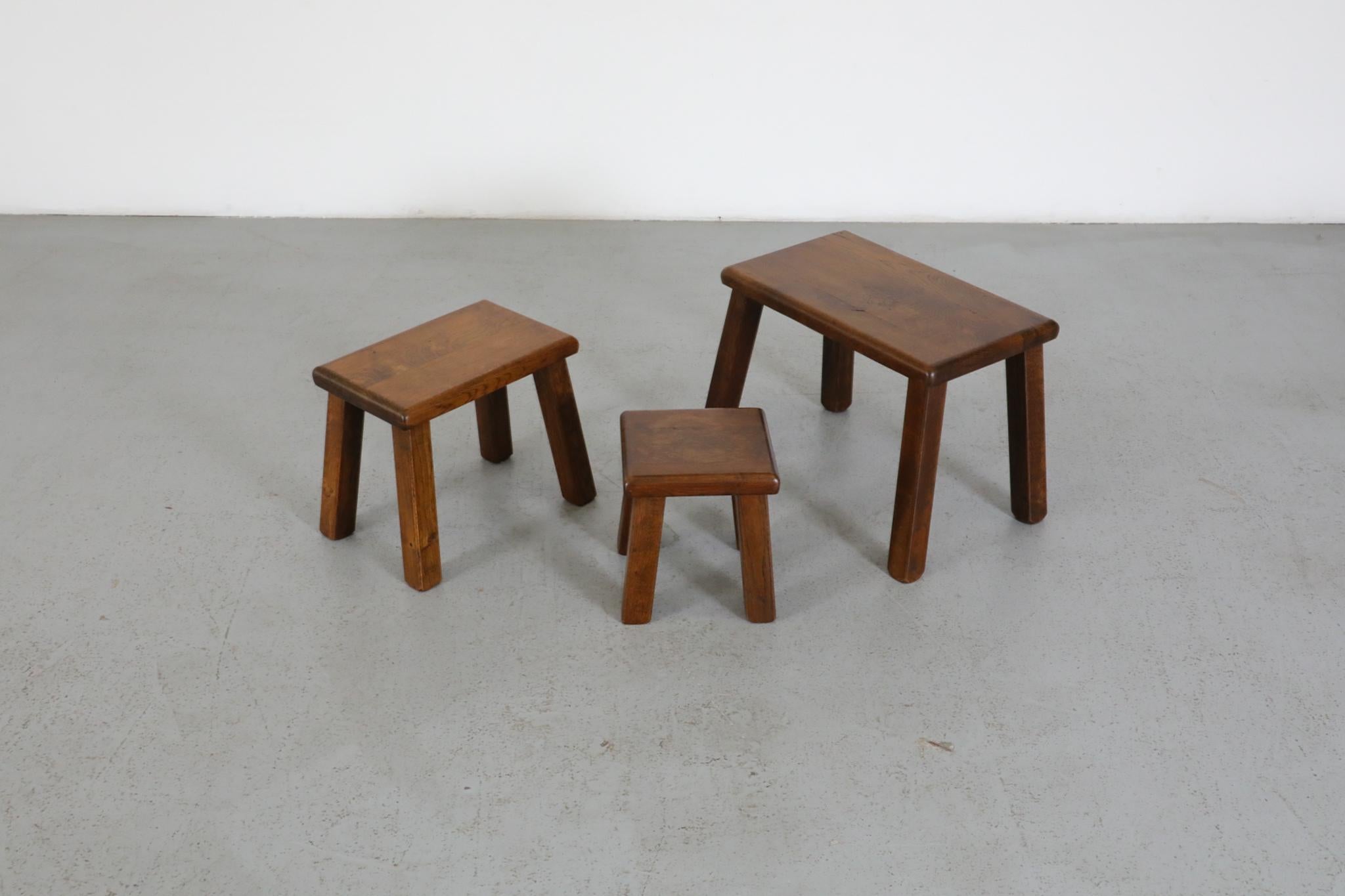 Set of Three Pierre Chapo Inspired Brutalist Nesting Tables Made of Solid Oak For Sale 4