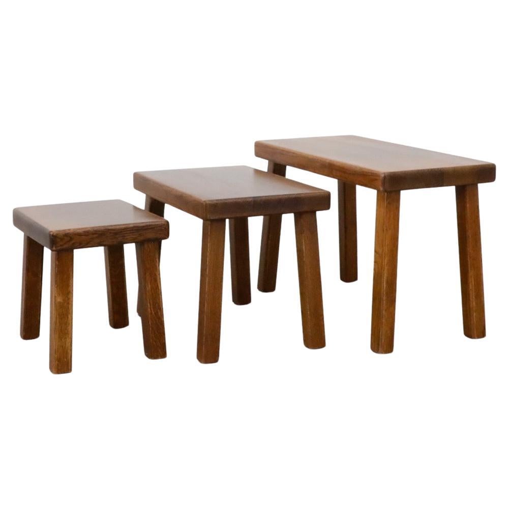 Set von drei von Pierre Chapo inspirierten brutalistischen Eichenholz-Stapeltischen