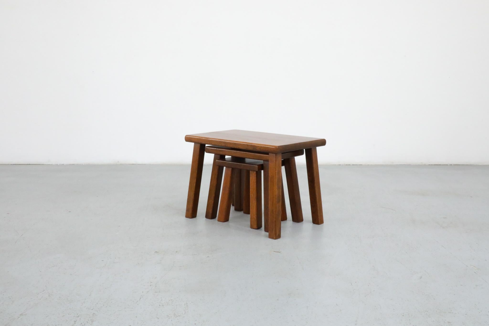 Set of 3 Pierre Chapo Style solid oak nesting tables. The large table measures 21.5