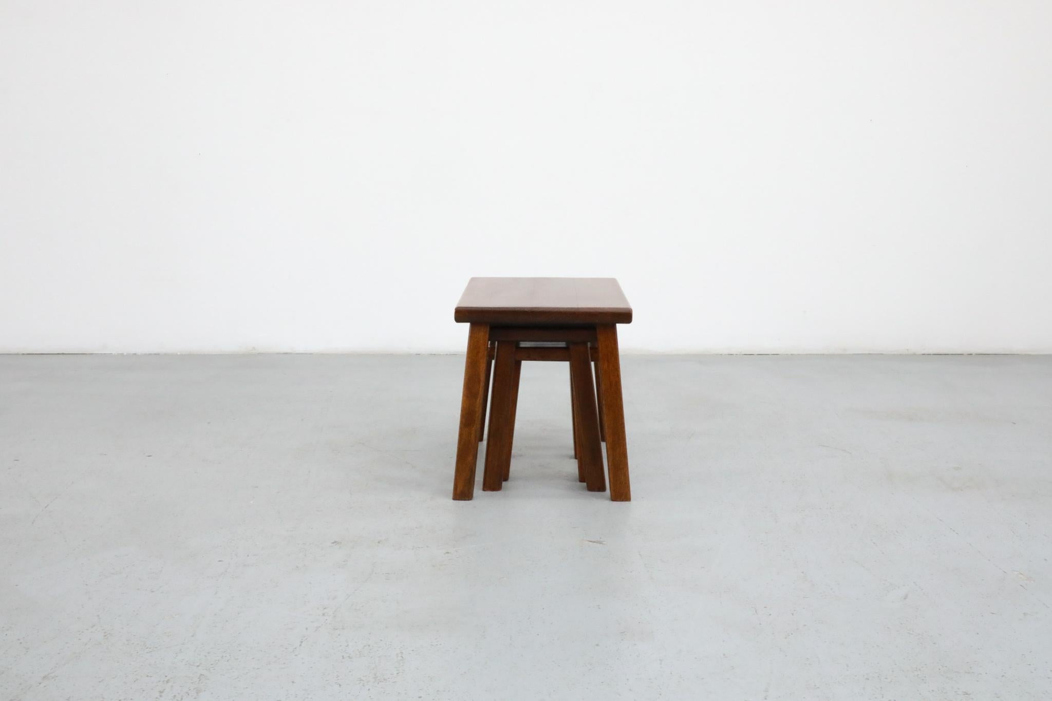 Mid-Century Modern Set of Three Pierre Chapo Inspired Dark Oak Nesting Tables For Sale