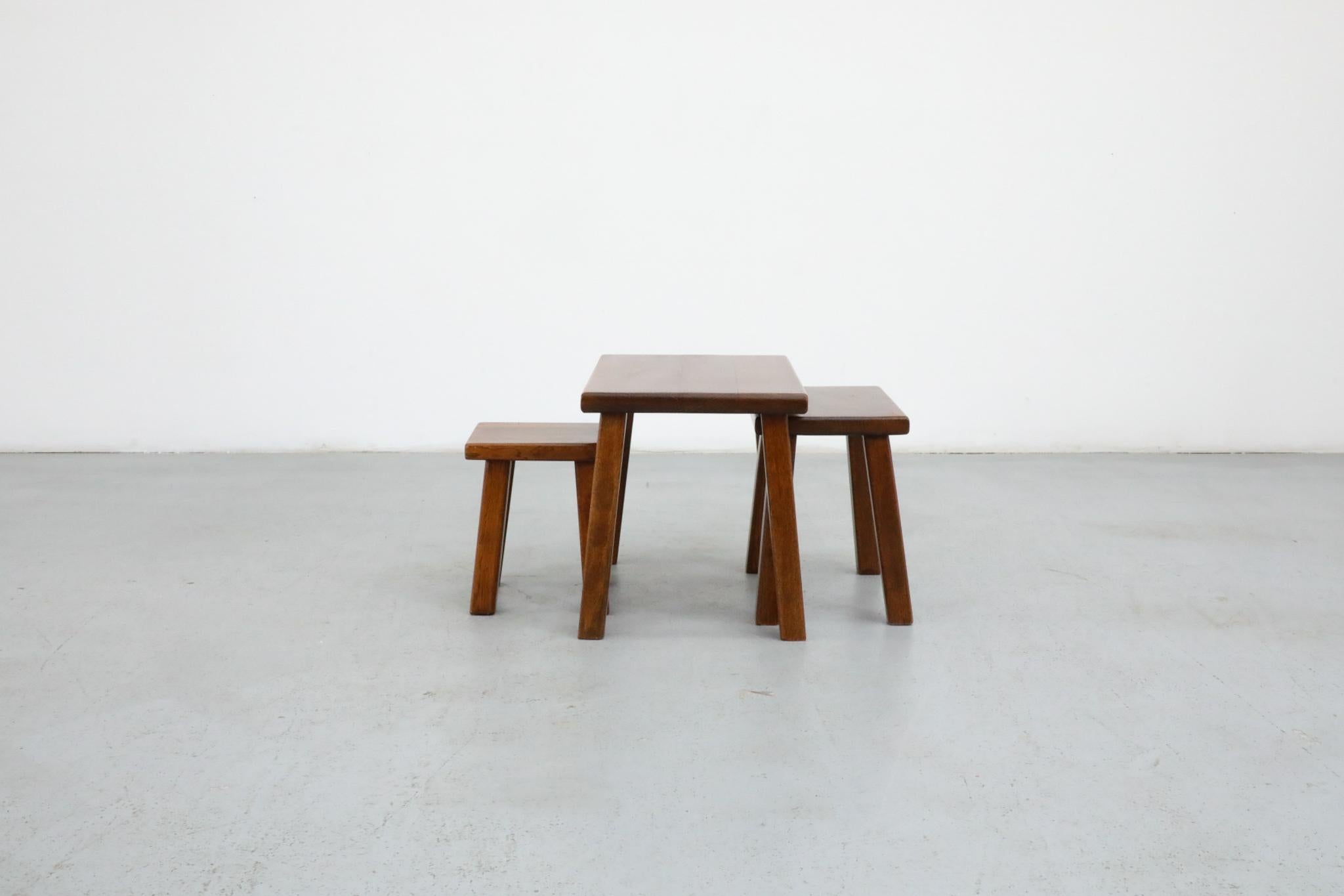 Dutch Set of Three Pierre Chapo Inspired Dark Oak Nesting Tables For Sale