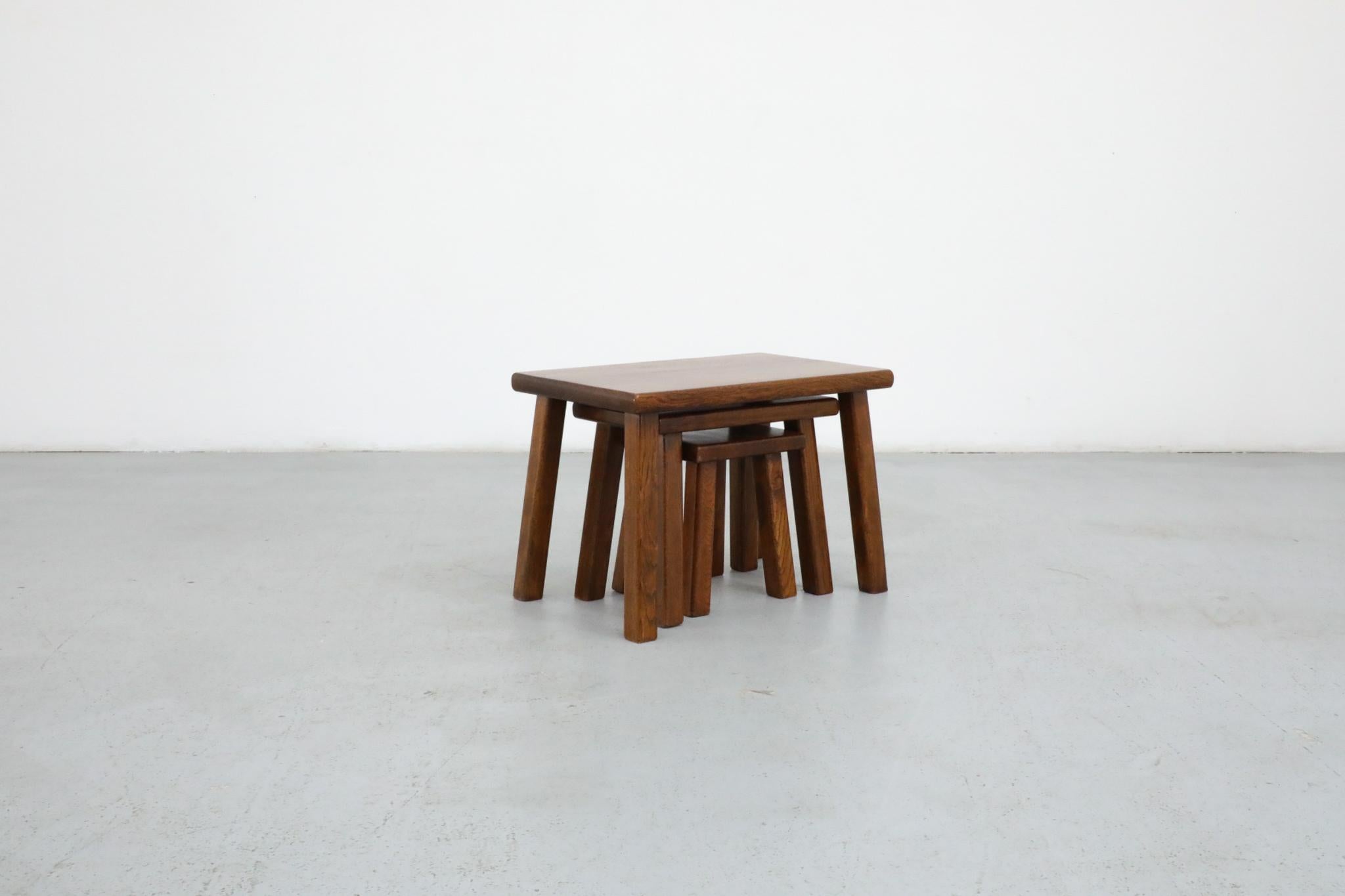 Set of Three Pierre Chapo Inspired Dark Oak Nesting Tables In Good Condition For Sale In Los Angeles, CA