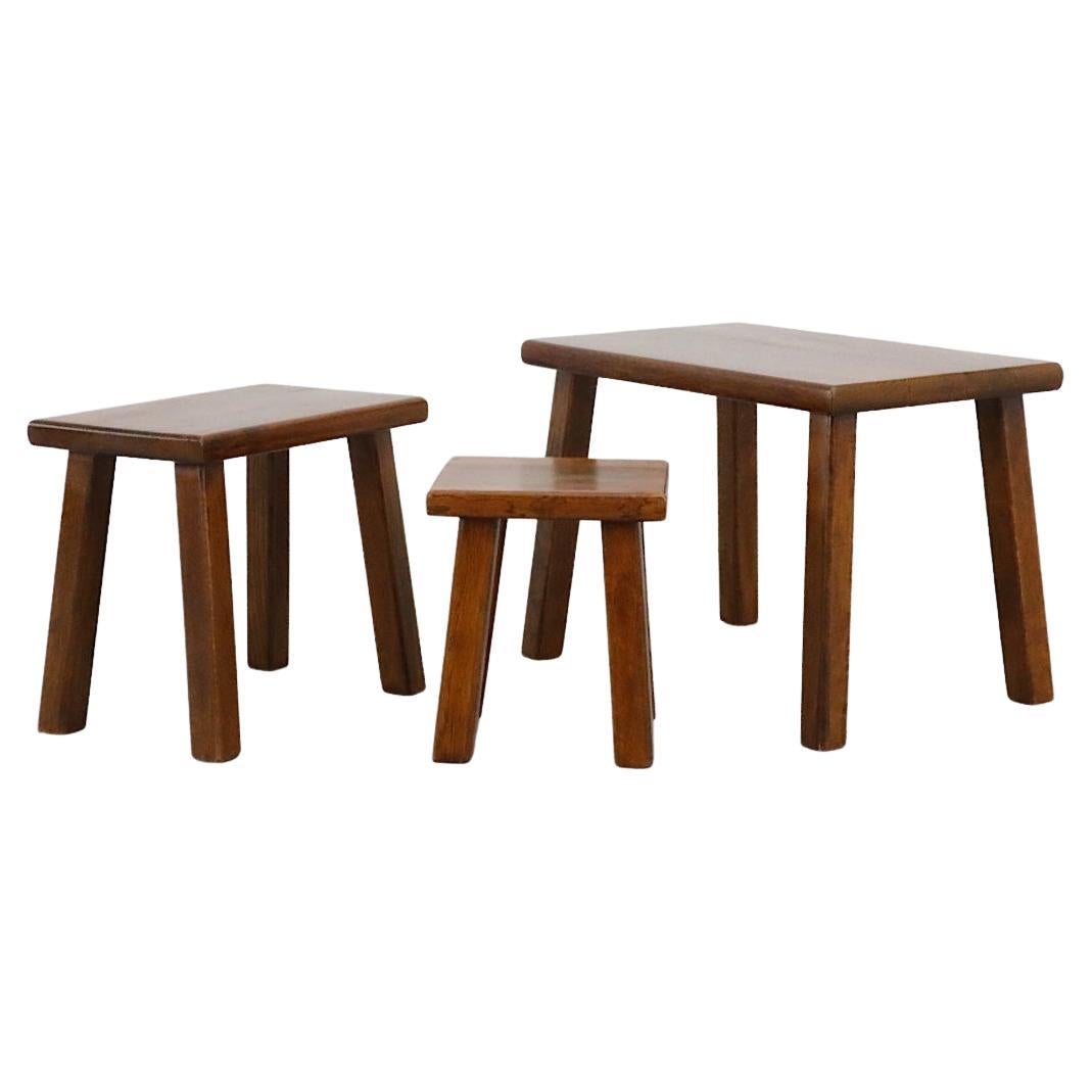 Set of Three Pierre Chapo Inspired Dark Oak Nesting Tables