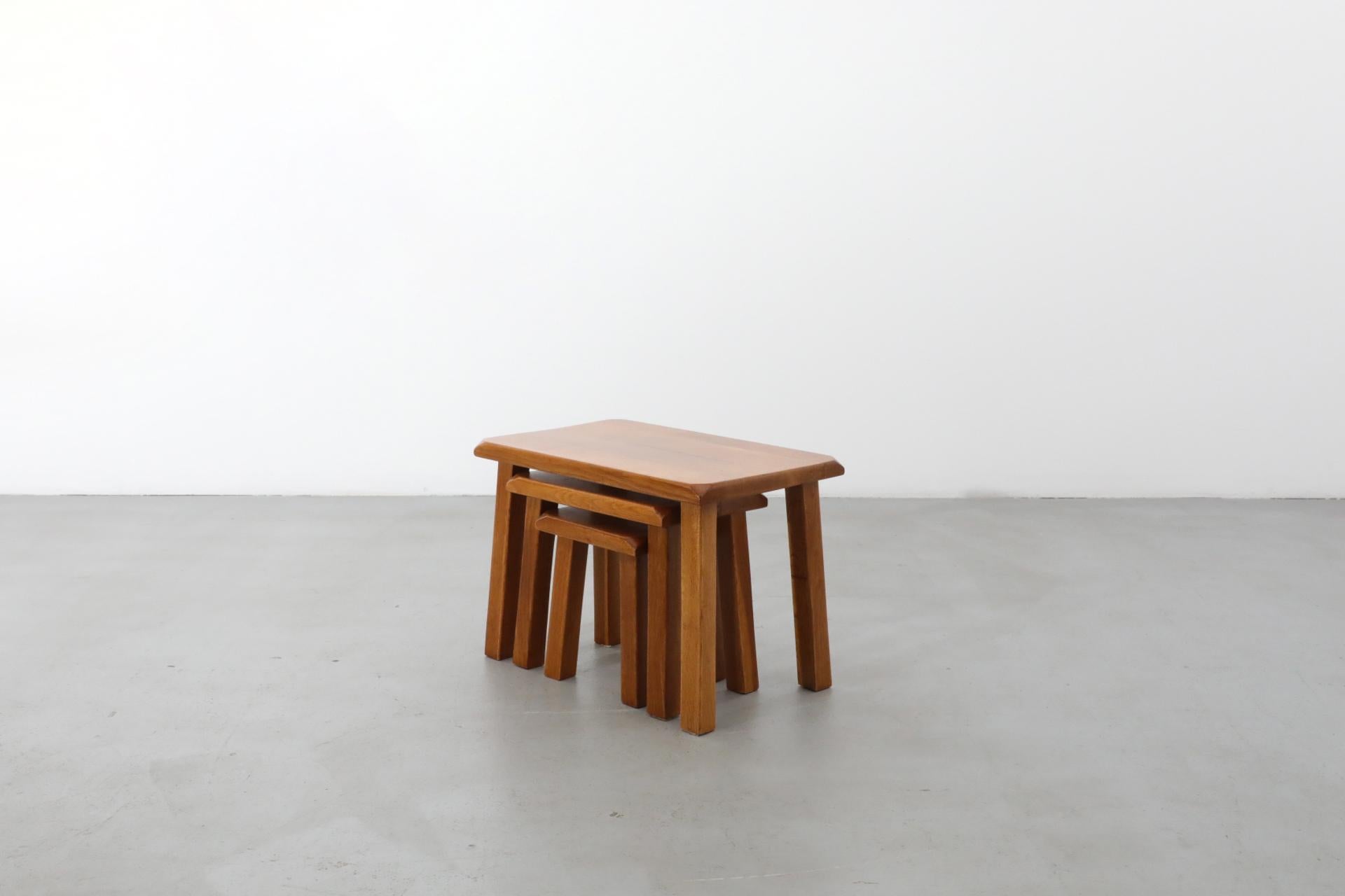 Set of Three Pierre Chapo Style Golden Toned Oak Nesting Tables 4