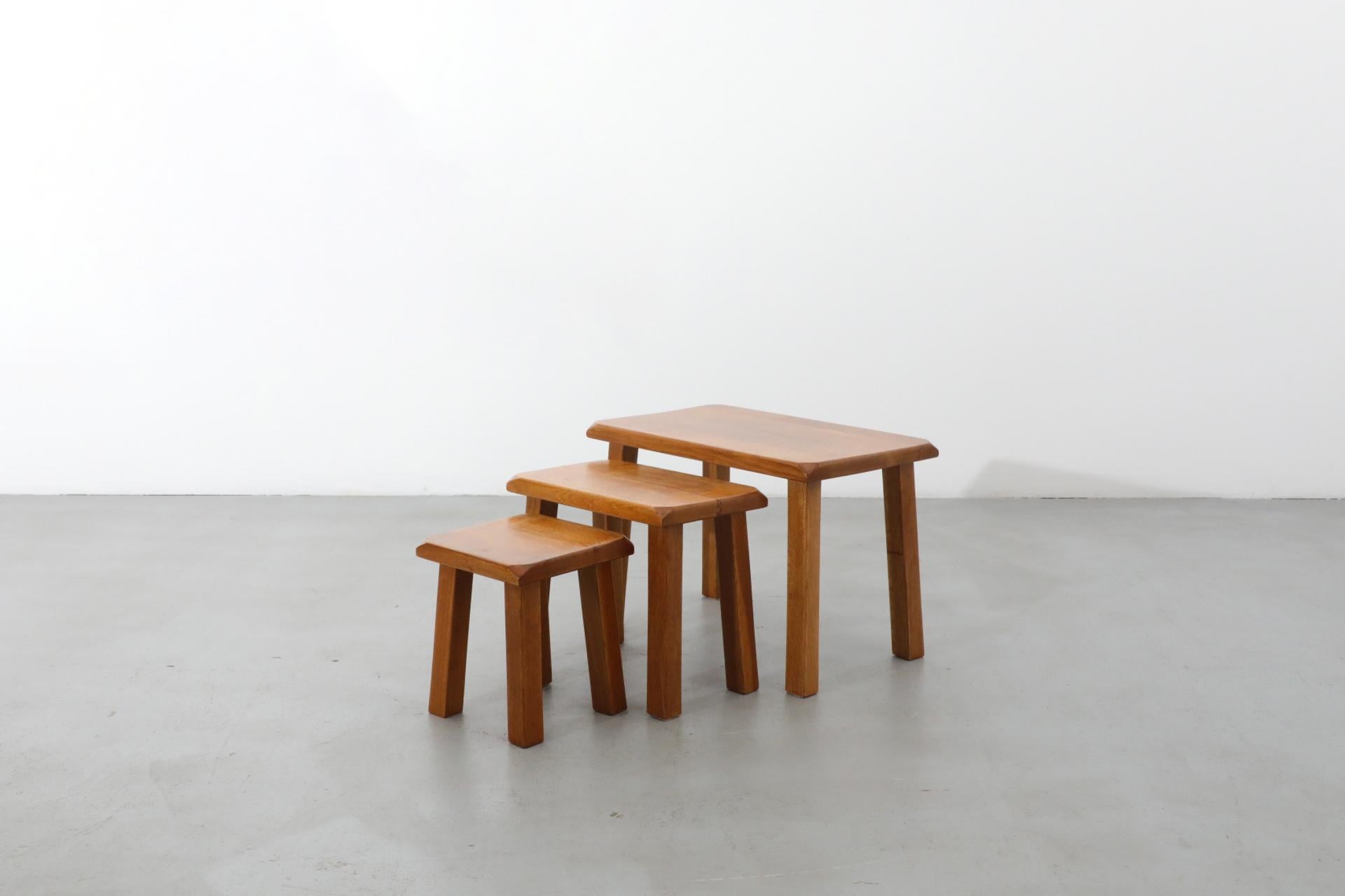 Set of Three Pierre Chapo Style Golden Toned Oak Nesting Tables 5