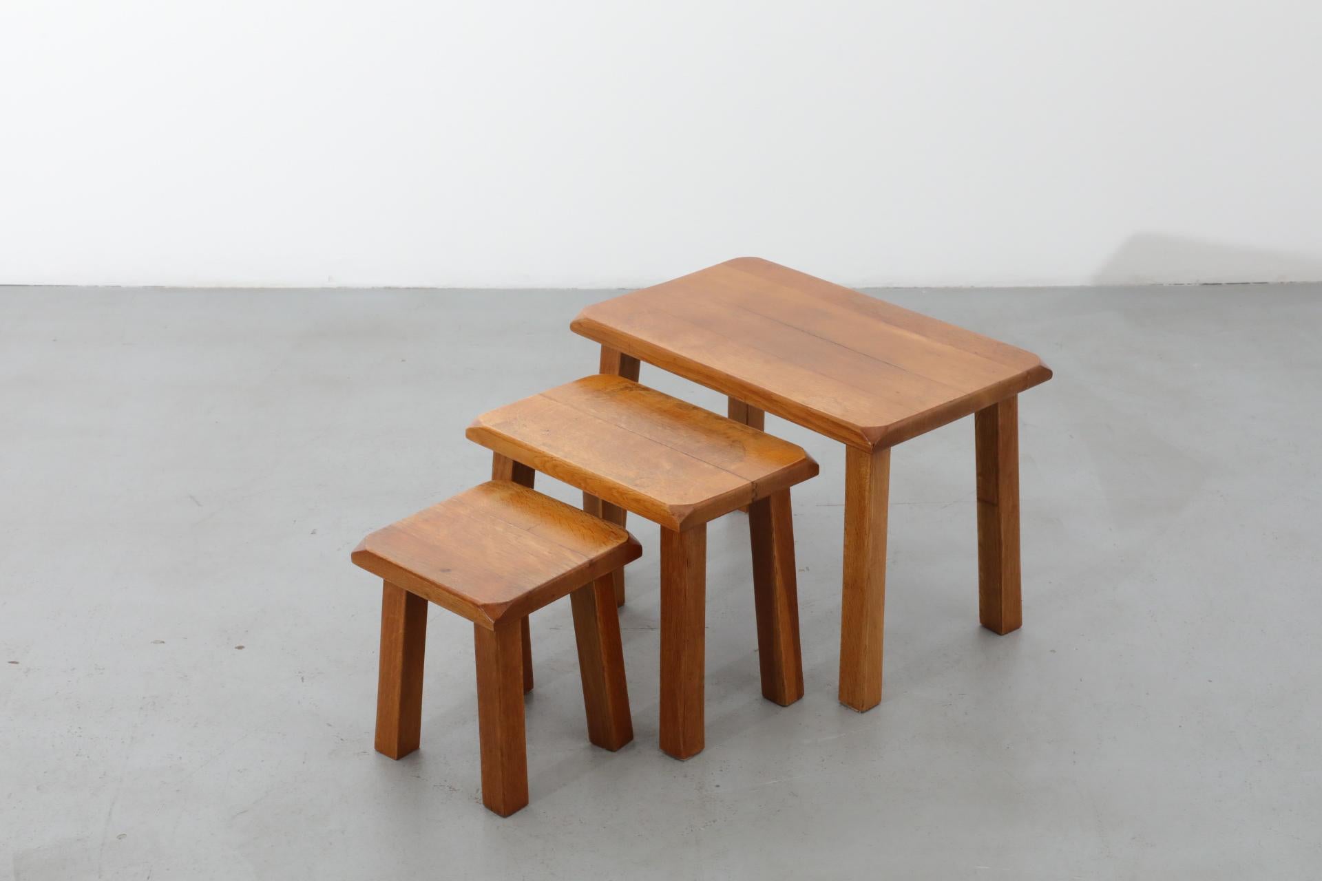 Set of Three Pierre Chapo Style Golden Toned Oak Nesting Tables 6