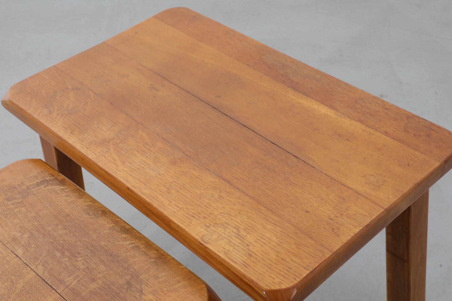 Set of Three Pierre Chapo Style Golden Toned Oak Nesting Tables 7