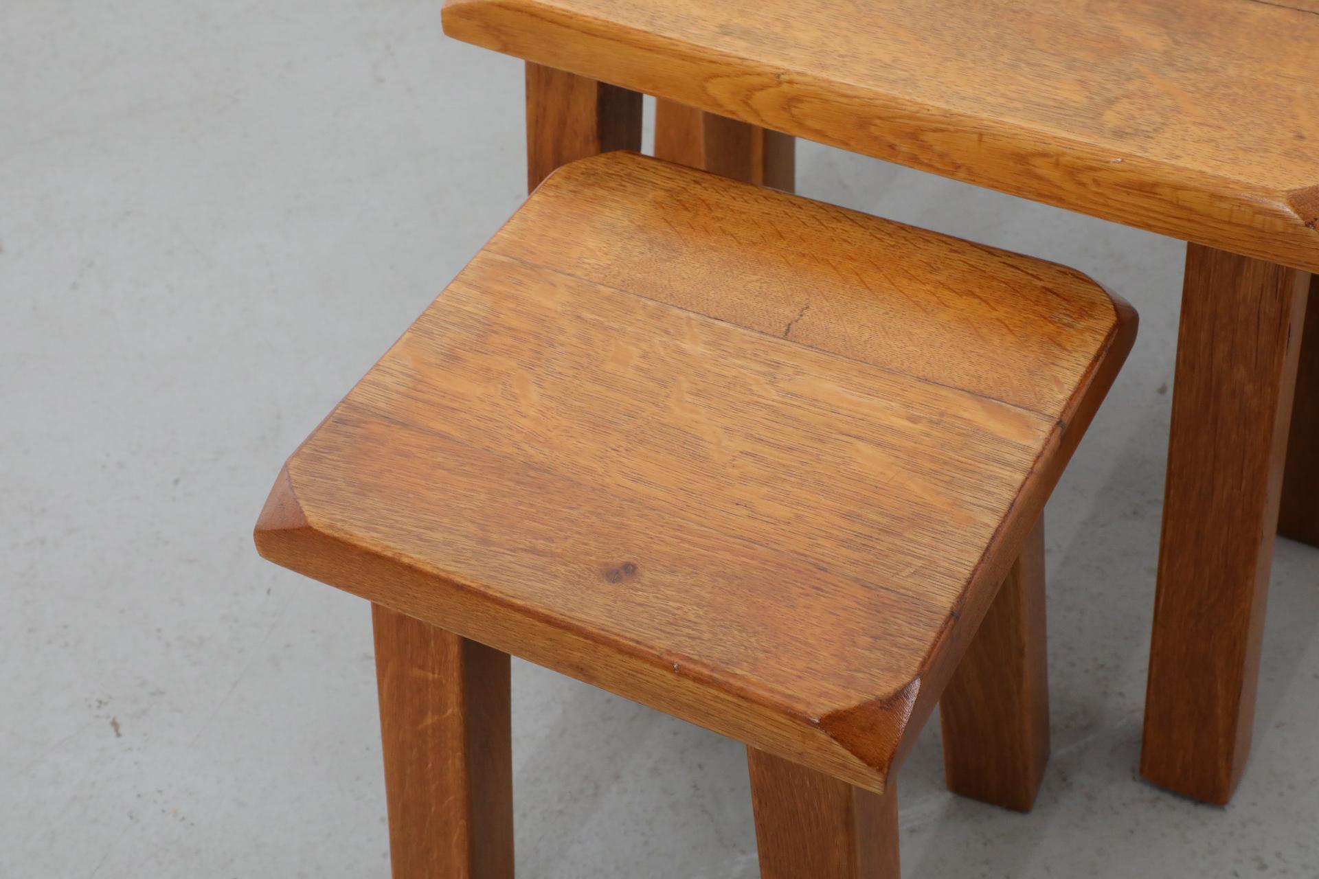 Set of Three Pierre Chapo Style Golden Toned Oak Nesting Tables 9