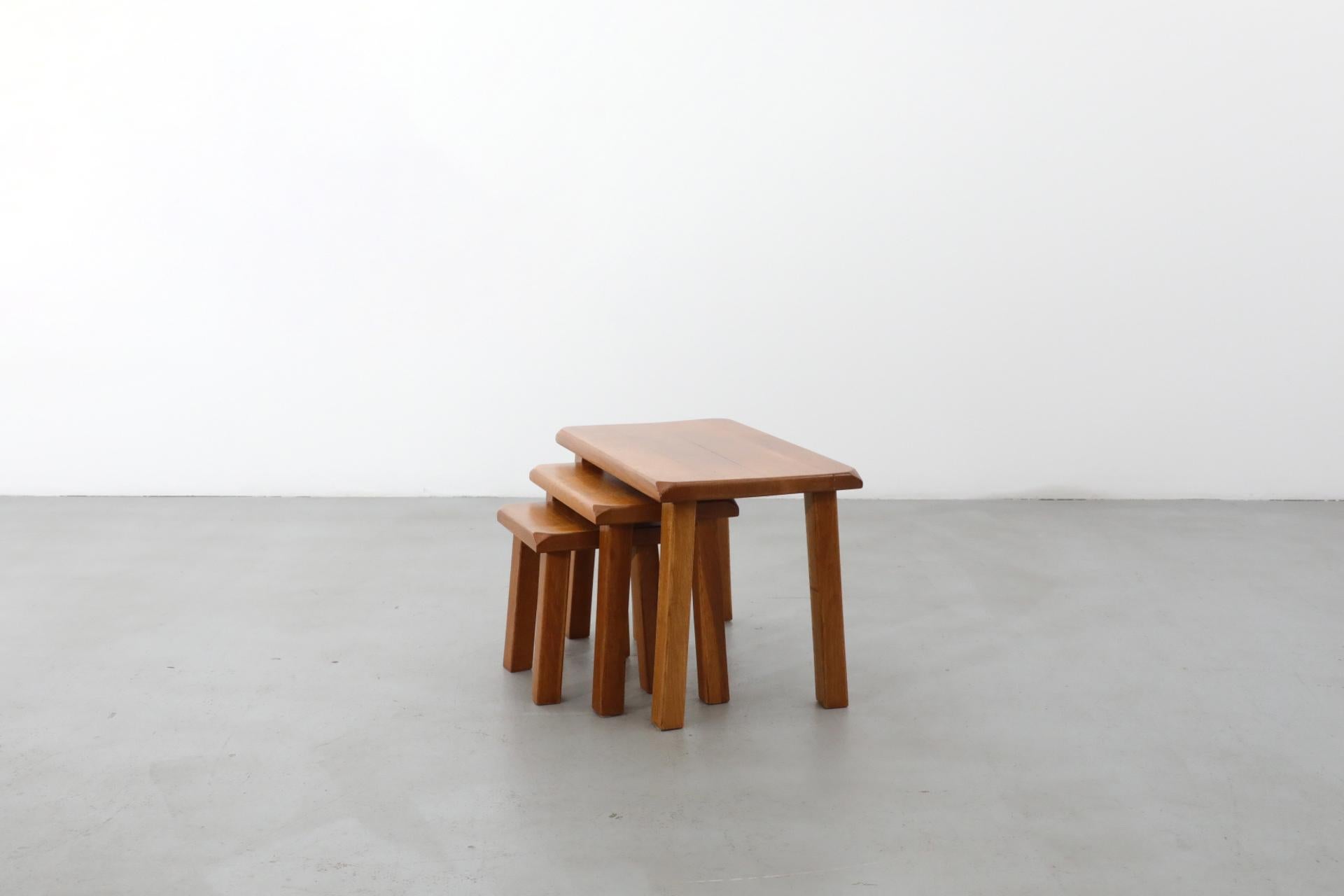 Brutalist Set of Three Pierre Chapo Style Golden Toned Oak Nesting Tables