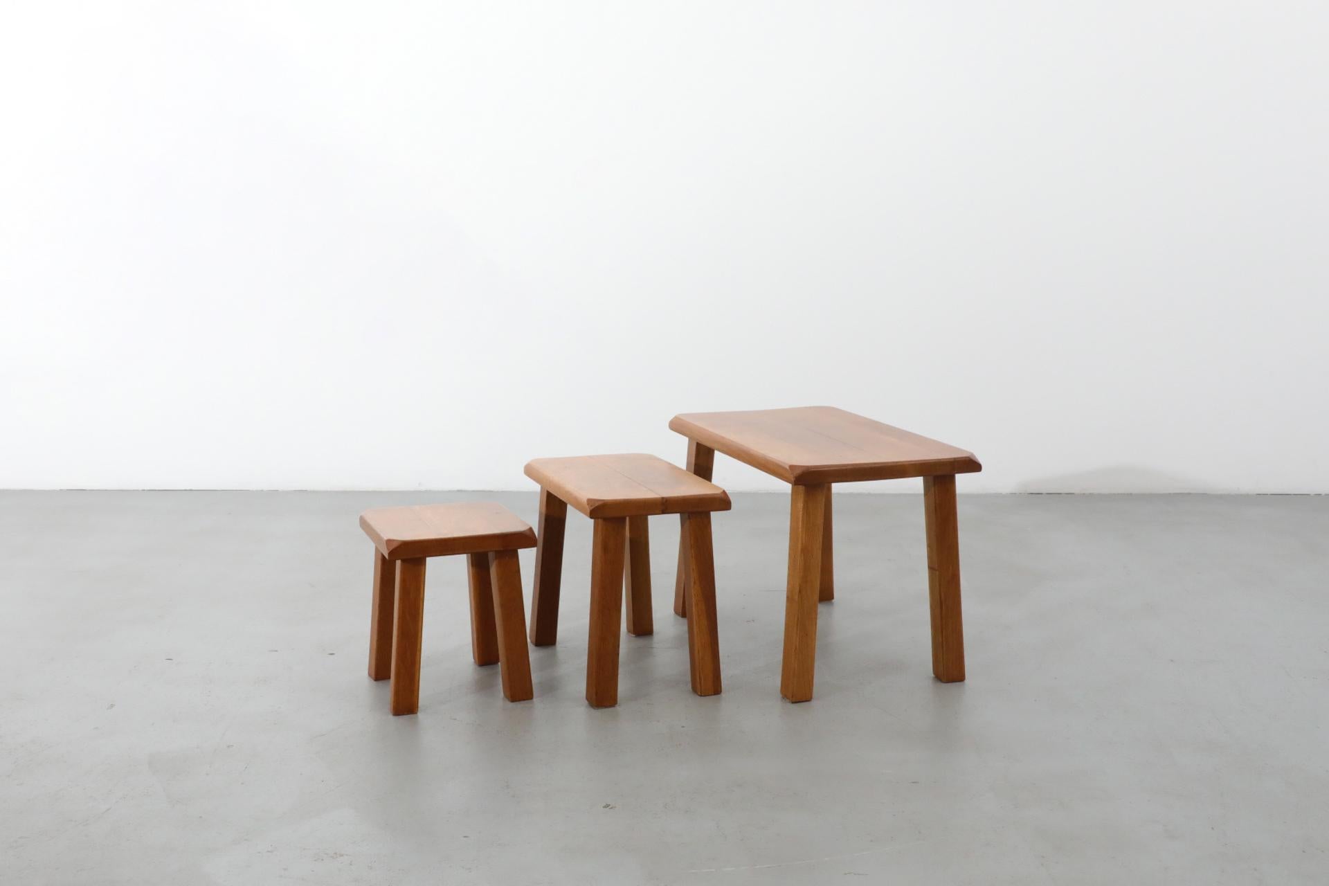 Set of Three Pierre Chapo Style Golden Toned Oak Nesting Tables In Good Condition In Los Angeles, CA