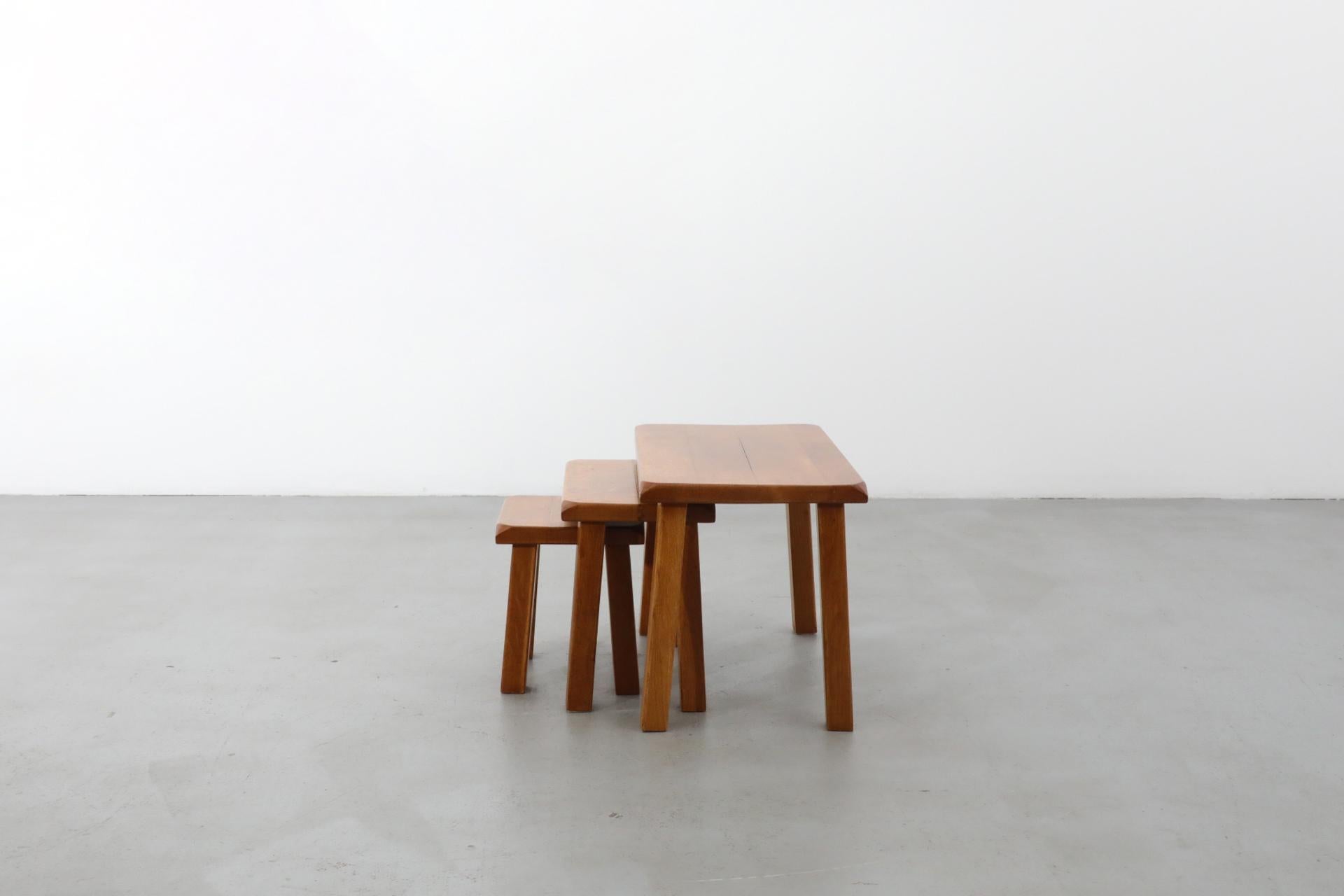 Set of Three Pierre Chapo Style Golden Toned Oak Nesting Tables 1