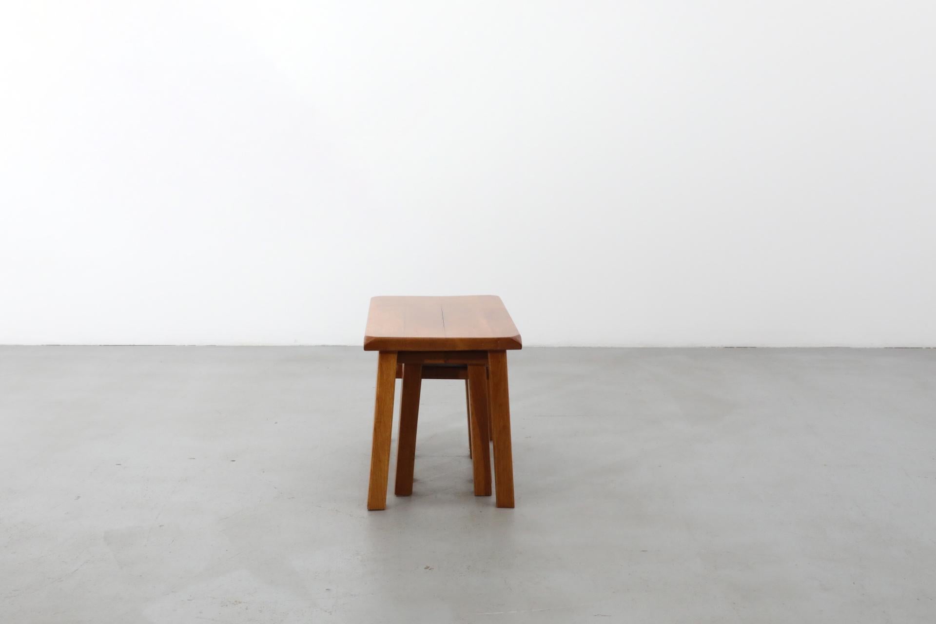 Set of Three Pierre Chapo Style Golden Toned Oak Nesting Tables 2