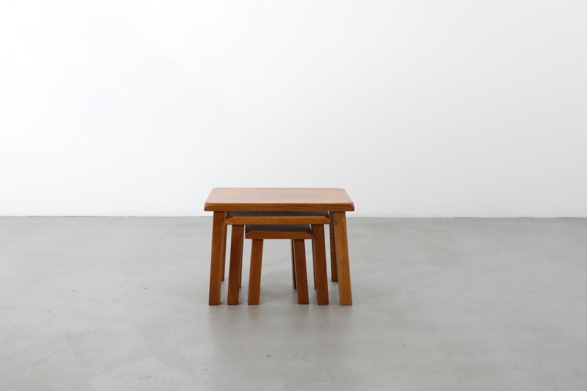 Set of Three Pierre Chapo Style Golden Toned Oak Nesting Tables 3