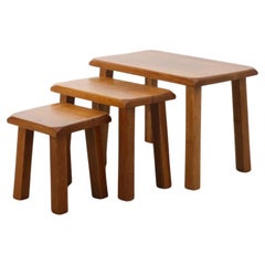 Set of Three Pierre Chapo Style Golden Toned Oak Nesting Tables