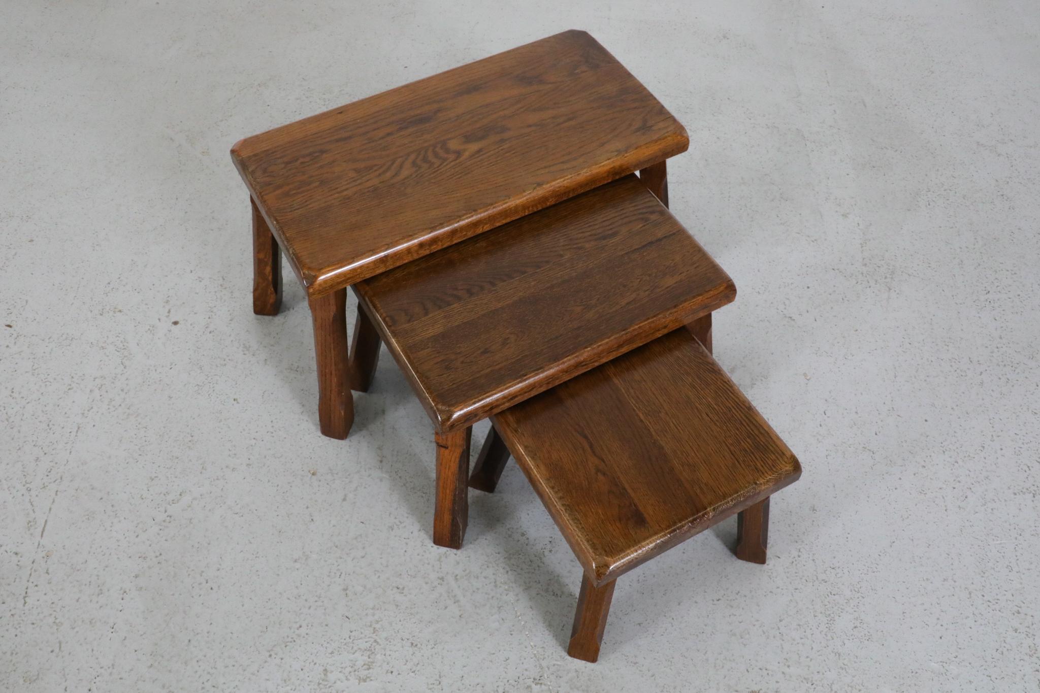 Set of Three Pierre Chapo Style Oak Brutalist Nesting Tables with Carved Legs For Sale 6