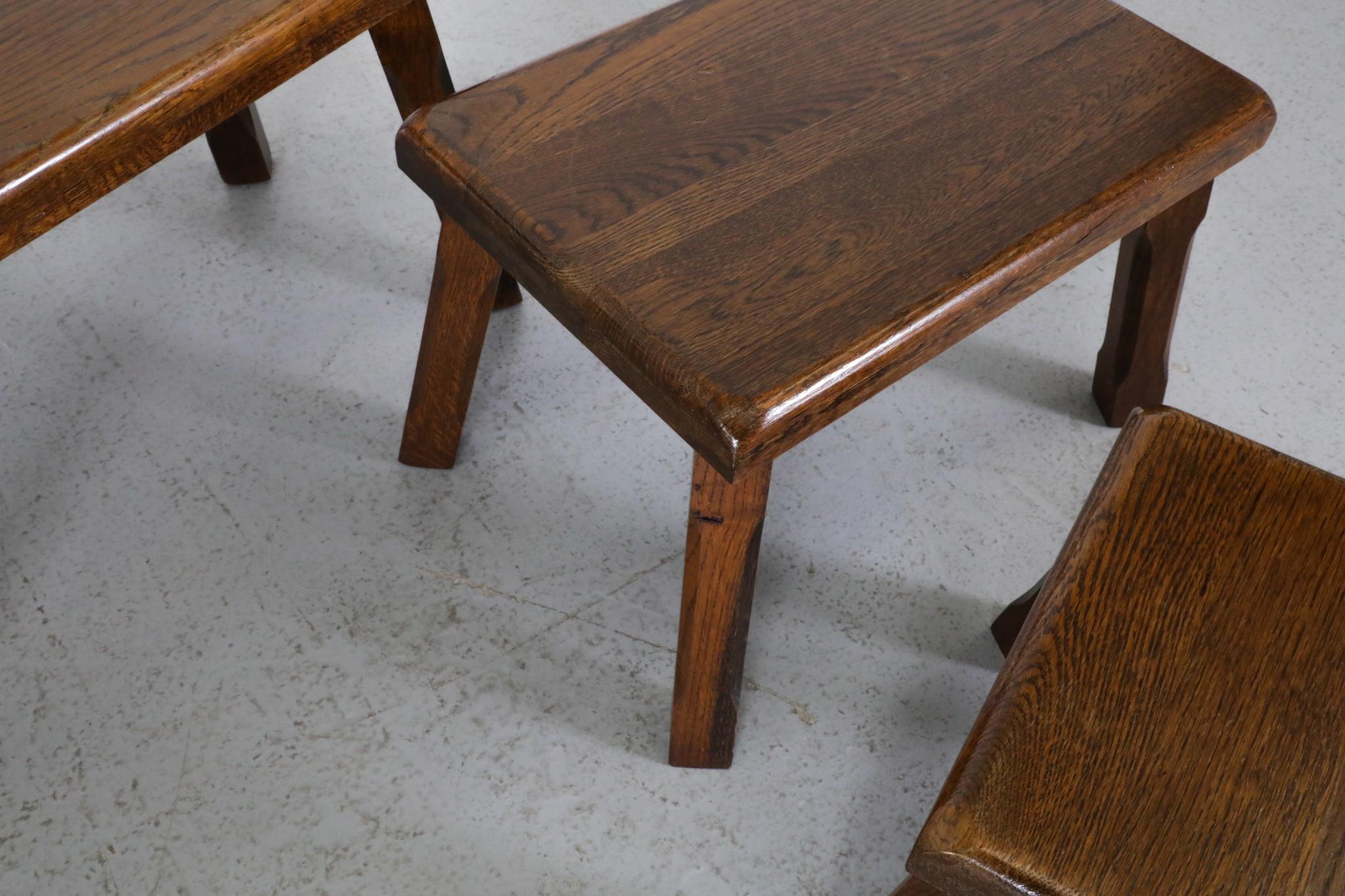Set of Three Pierre Chapo Style Oak Brutalist Nesting Tables with Carved Legs For Sale 7