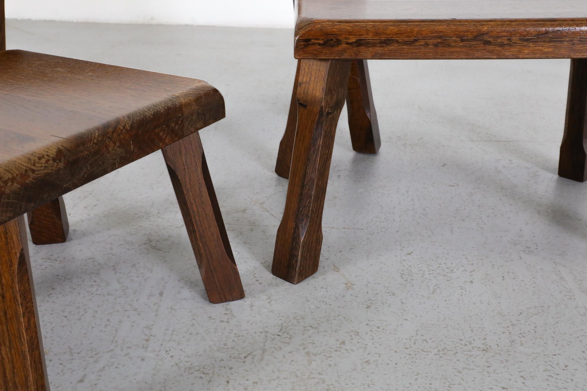 Set of Three Pierre Chapo Style Oak Brutalist Nesting Tables with Carved Legs For Sale 11