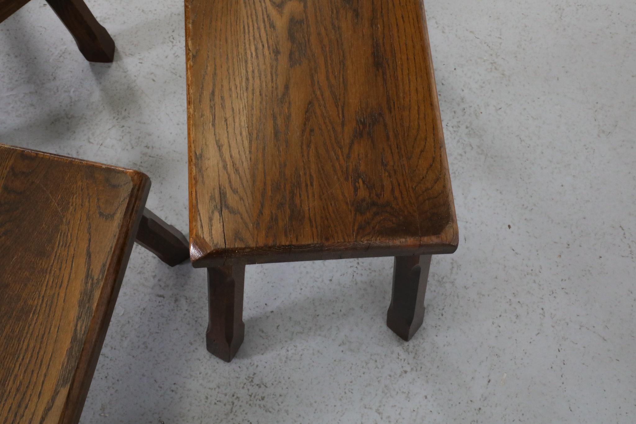 Set of Three Pierre Chapo Style Oak Brutalist Nesting Tables with Carved Legs For Sale 12