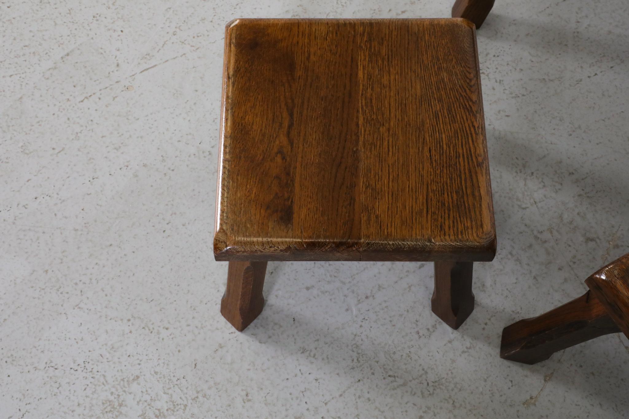 Set of Three Pierre Chapo Style Oak Brutalist Nesting Tables with Carved Legs For Sale 13