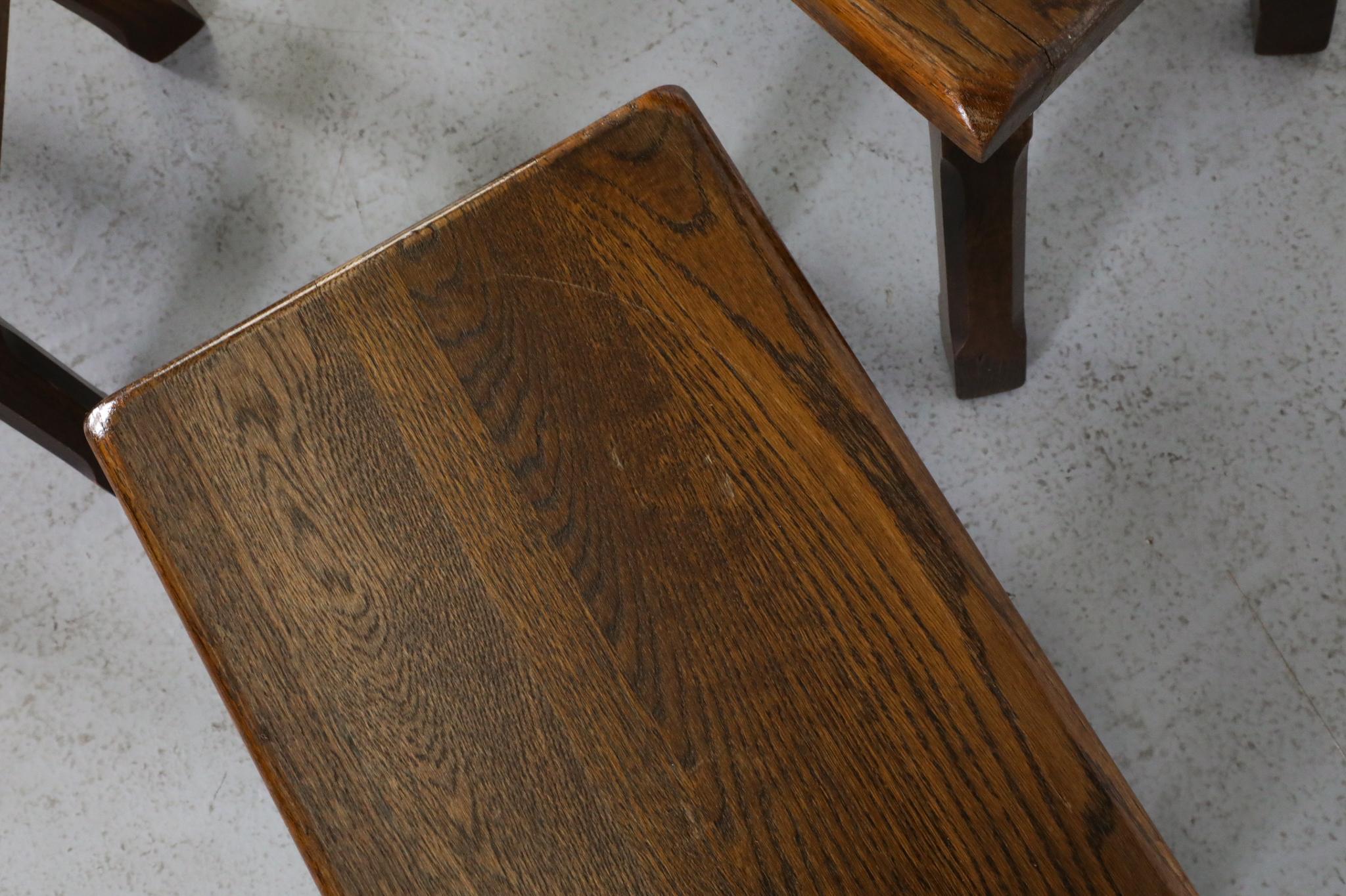 Set of Three Pierre Chapo Style Oak Brutalist Nesting Tables with Carved Legs For Sale 15