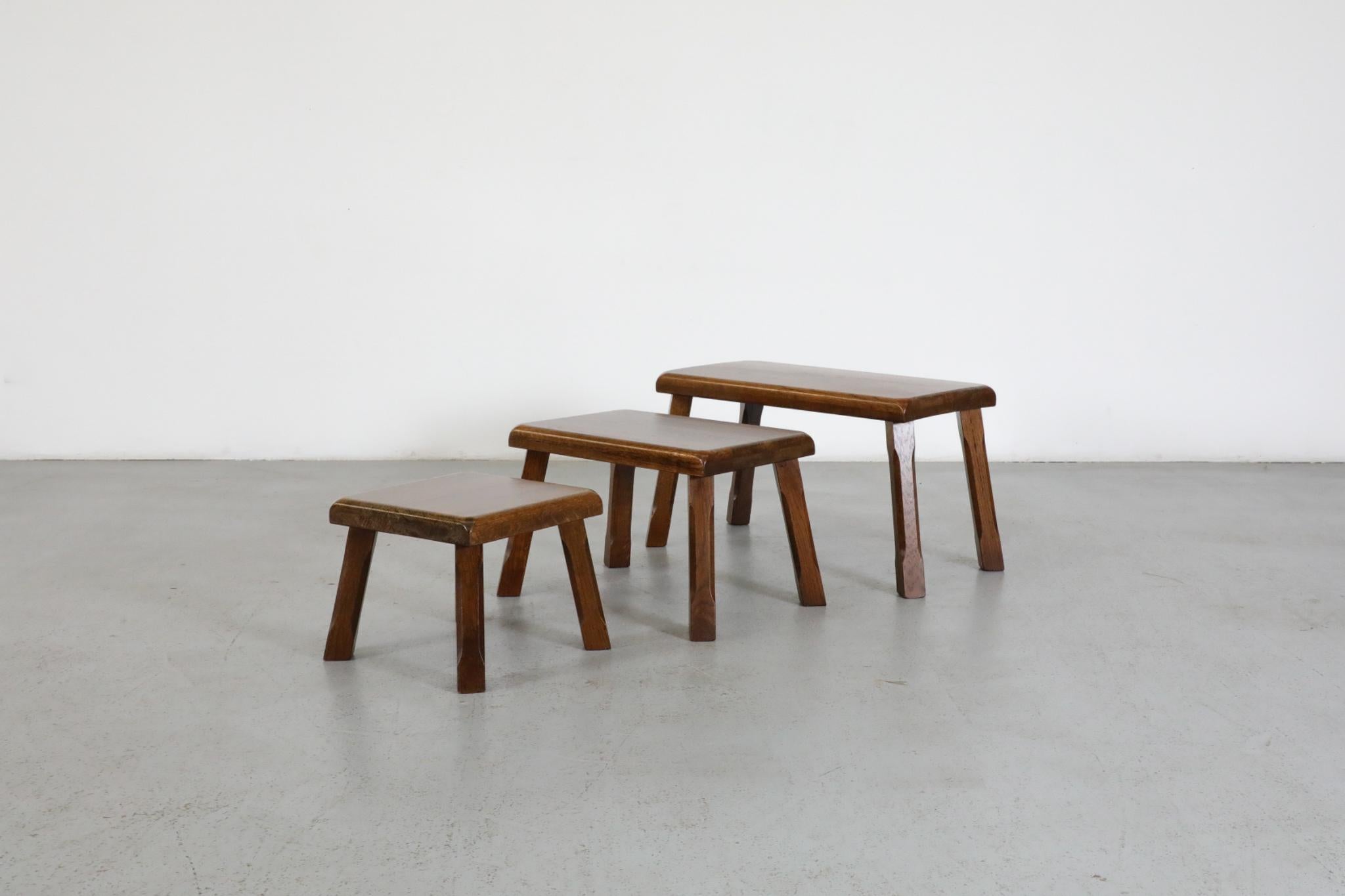 Dutch Set of Three Pierre Chapo Style Oak Brutalist Nesting Tables with Carved Legs For Sale