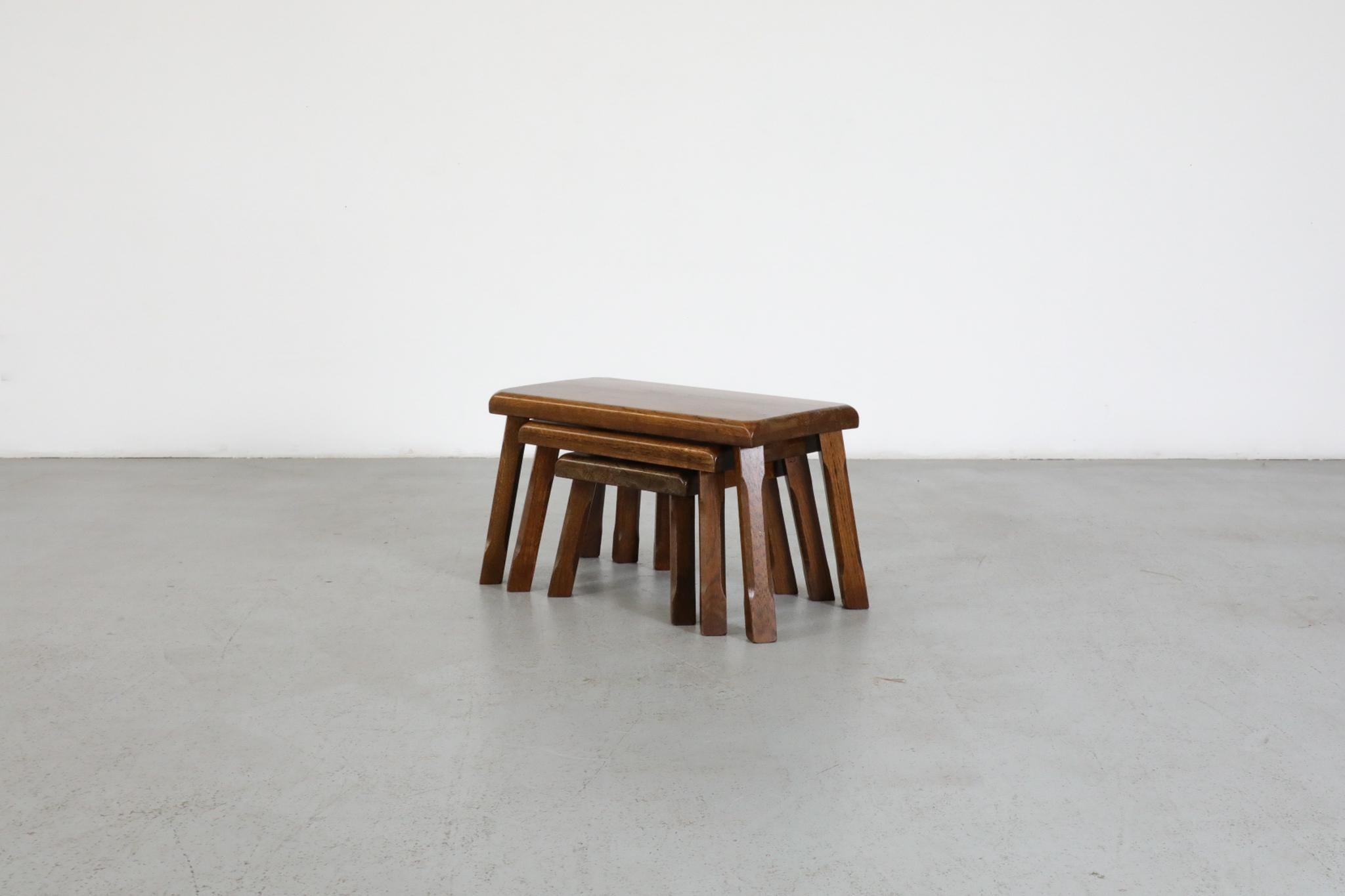 20th Century Set of Three Pierre Chapo Style Oak Brutalist Nesting Tables with Carved Legs For Sale
