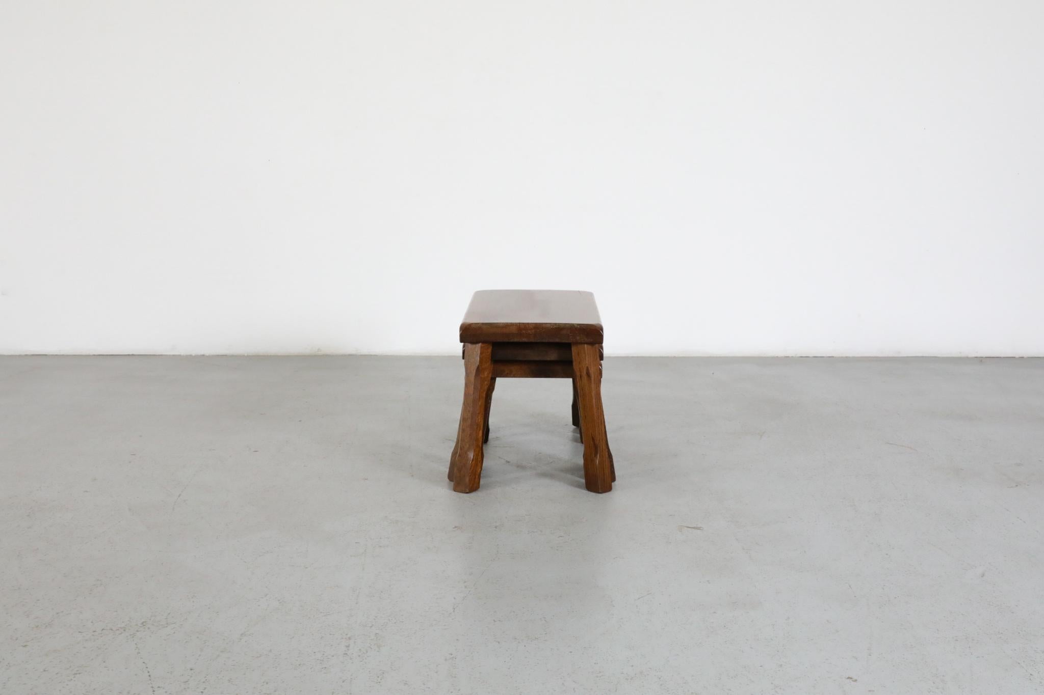 Set of Three Pierre Chapo Style Oak Brutalist Nesting Tables with Carved Legs For Sale 1