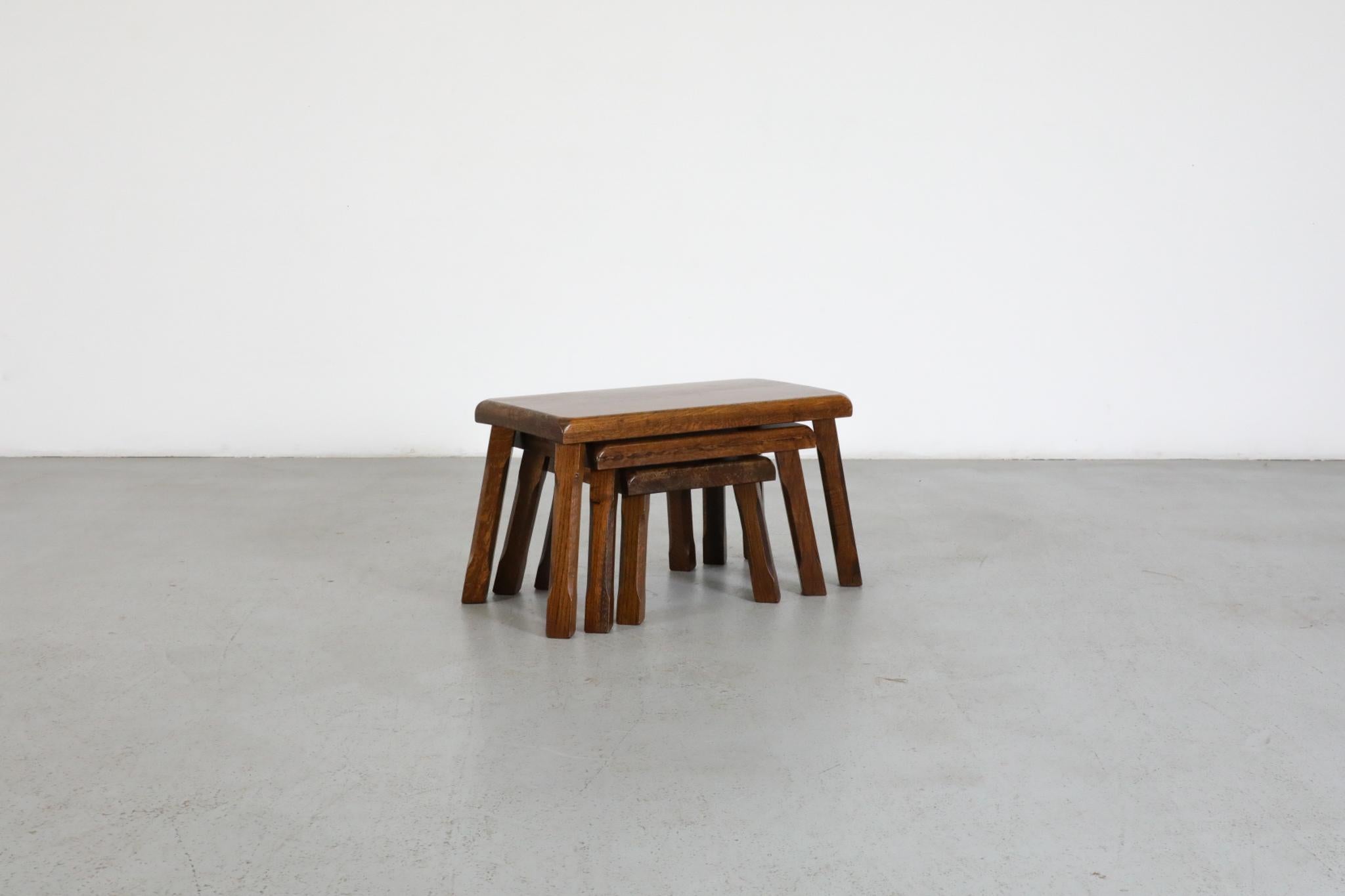 Set of Three Pierre Chapo Style Oak Brutalist Nesting Tables with Carved Legs For Sale 2