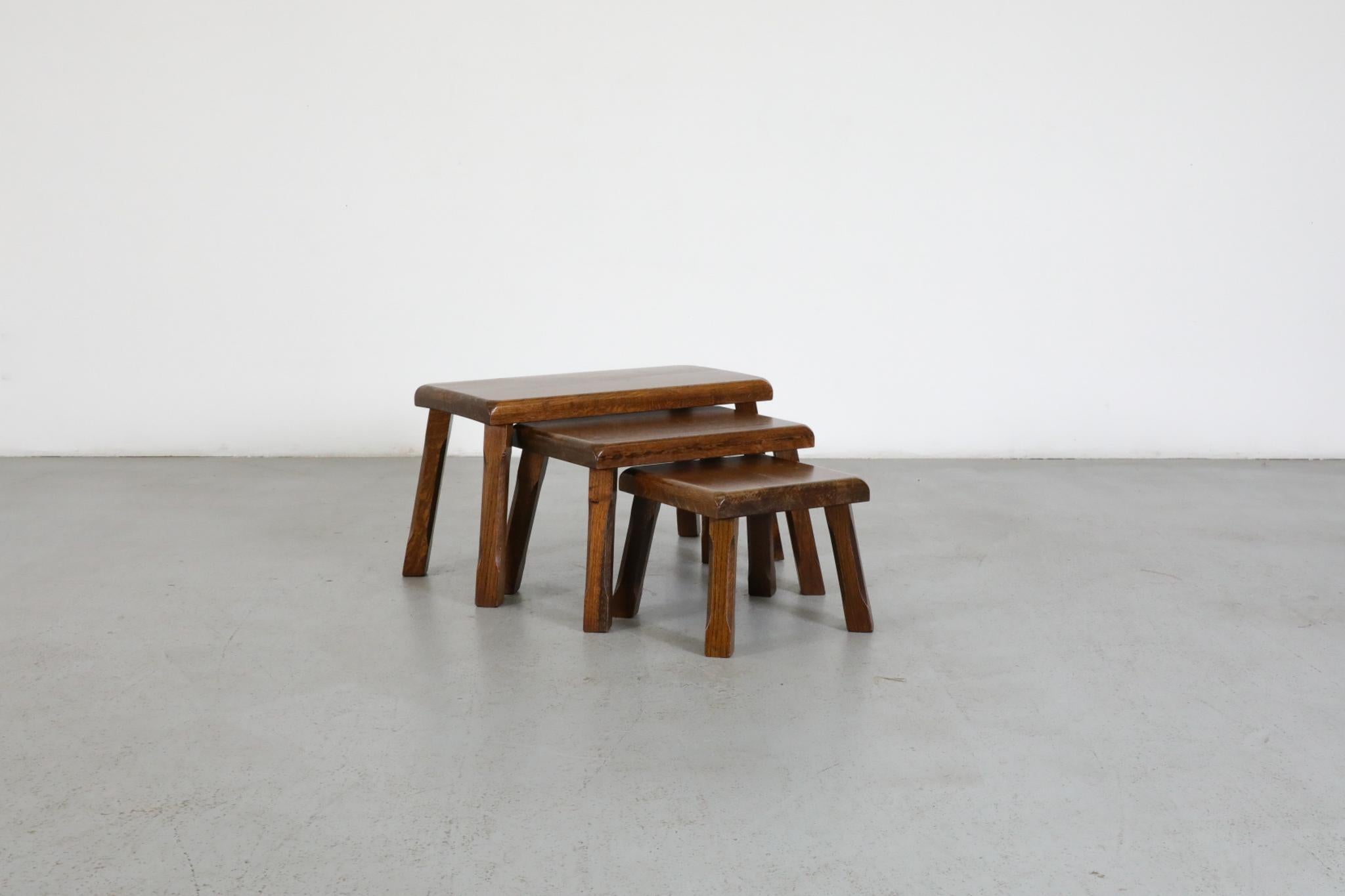 Set of Three Pierre Chapo Style Oak Brutalist Nesting Tables with Carved Legs For Sale 3