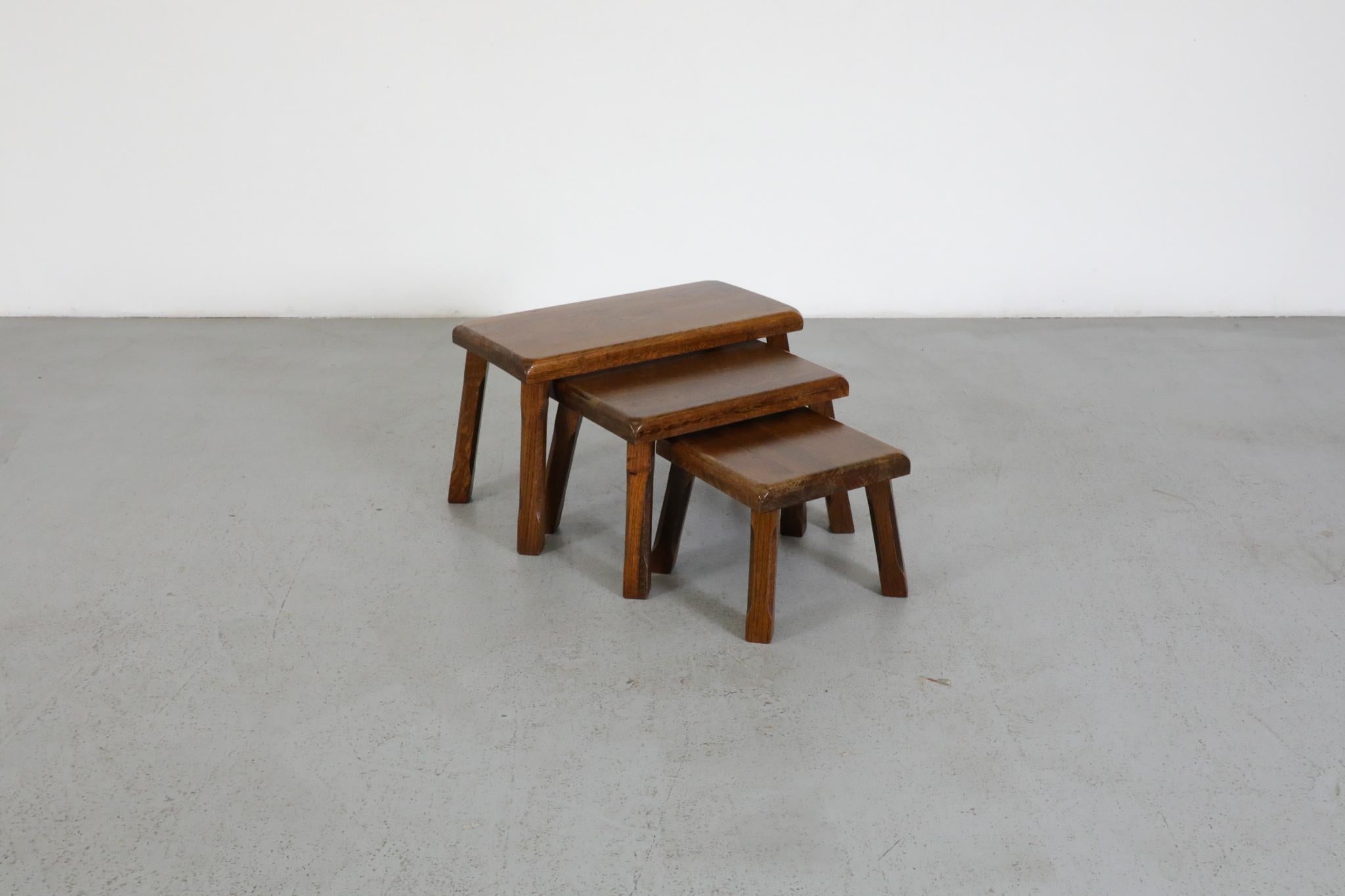 Set of Three Pierre Chapo Style Oak Brutalist Nesting Tables with Carved Legs For Sale 4