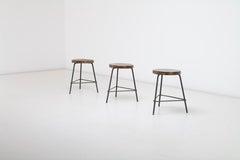 Set of Three, Pierre Jeanneret Low Stools in Teak & Iron from Chandigarh India