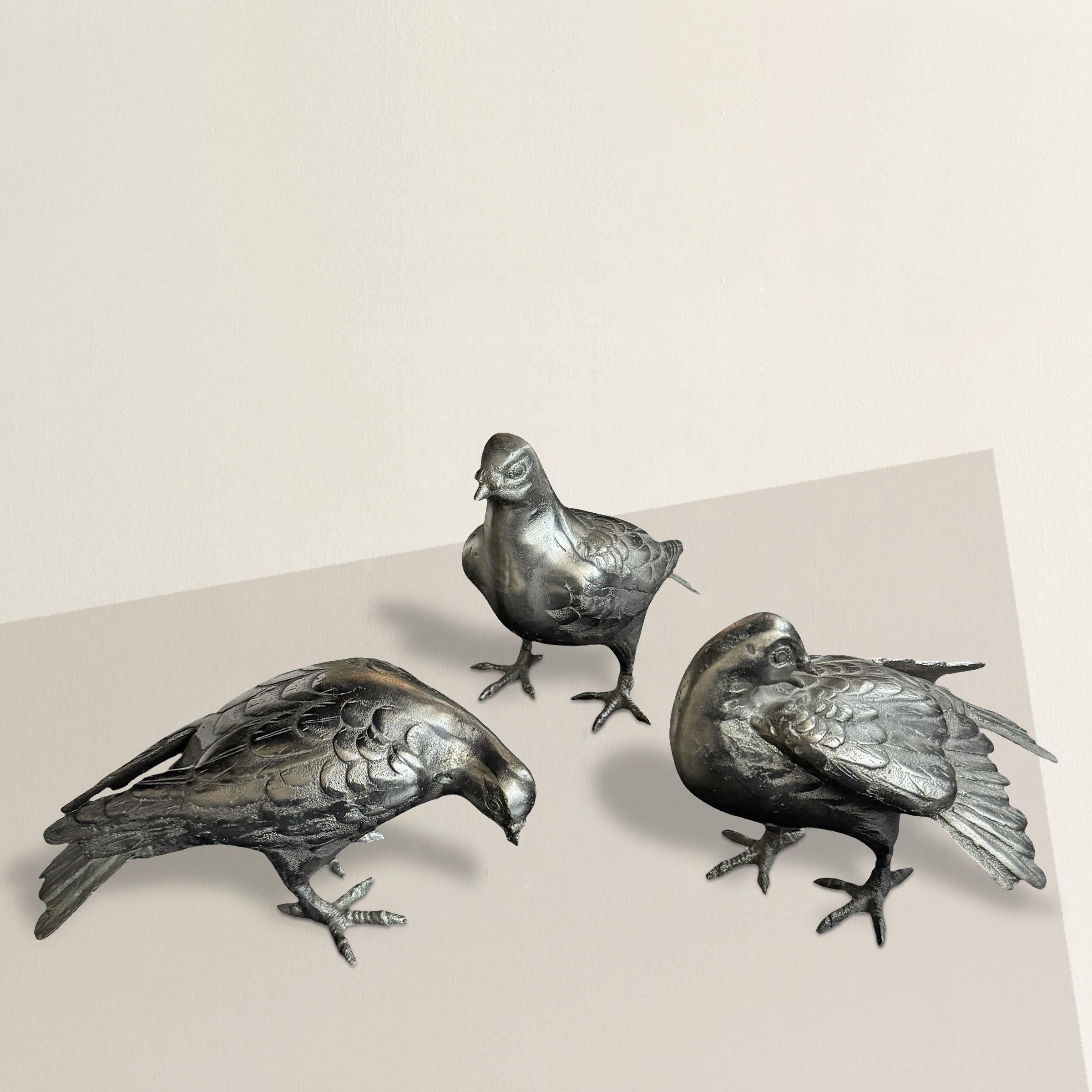 Questo delizioso set di tre piccioni in alluminio fuso a grandezza naturale aggiunge un tocco di bizzarria a qualsiasi spazio. Ogni uccello è realizzato con cura per catturare gli affascinanti movimenti quotidiani di questi abitanti delle città. Un