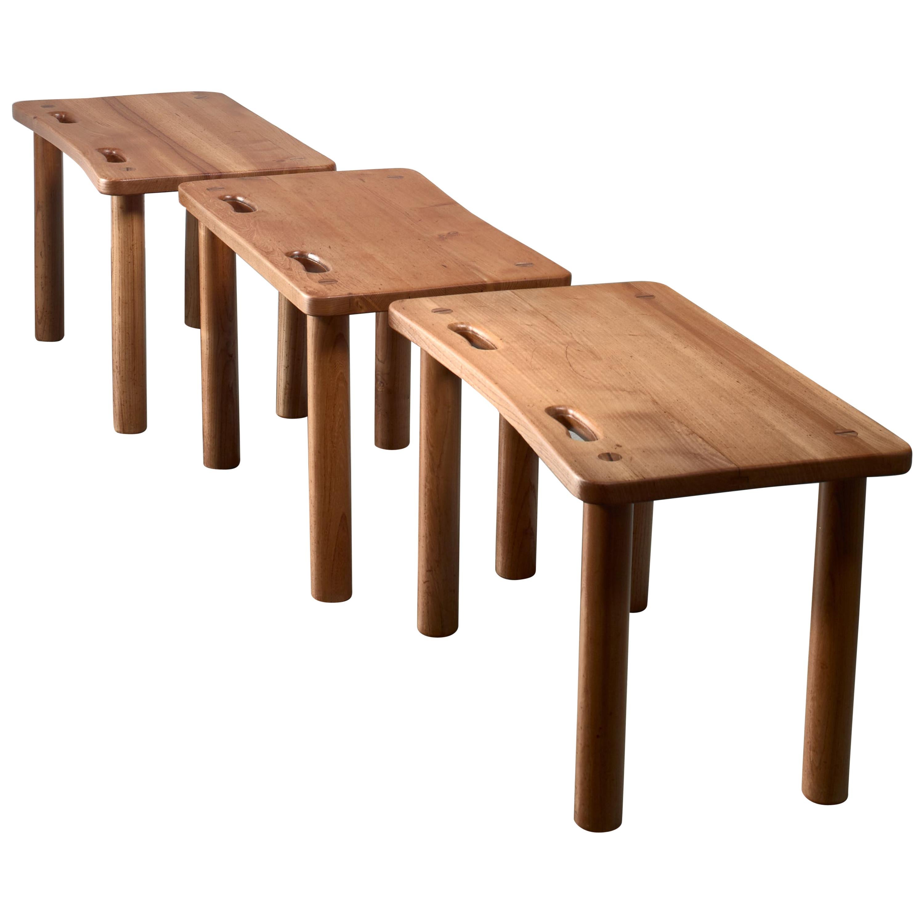 Set of Three Pine Benches or Side Tables in Campaign Style